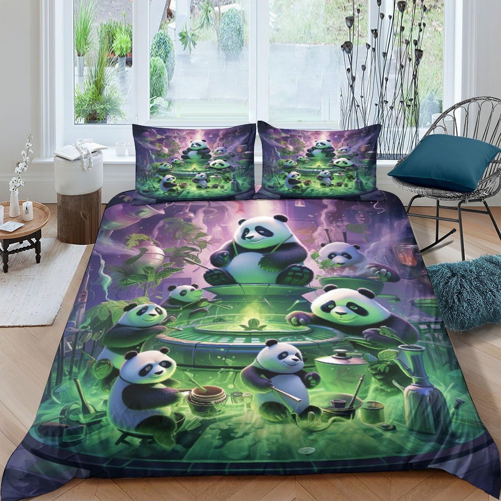 Housse de couette 200x200 panda géant parure de lit 3 pièces microfibre douce