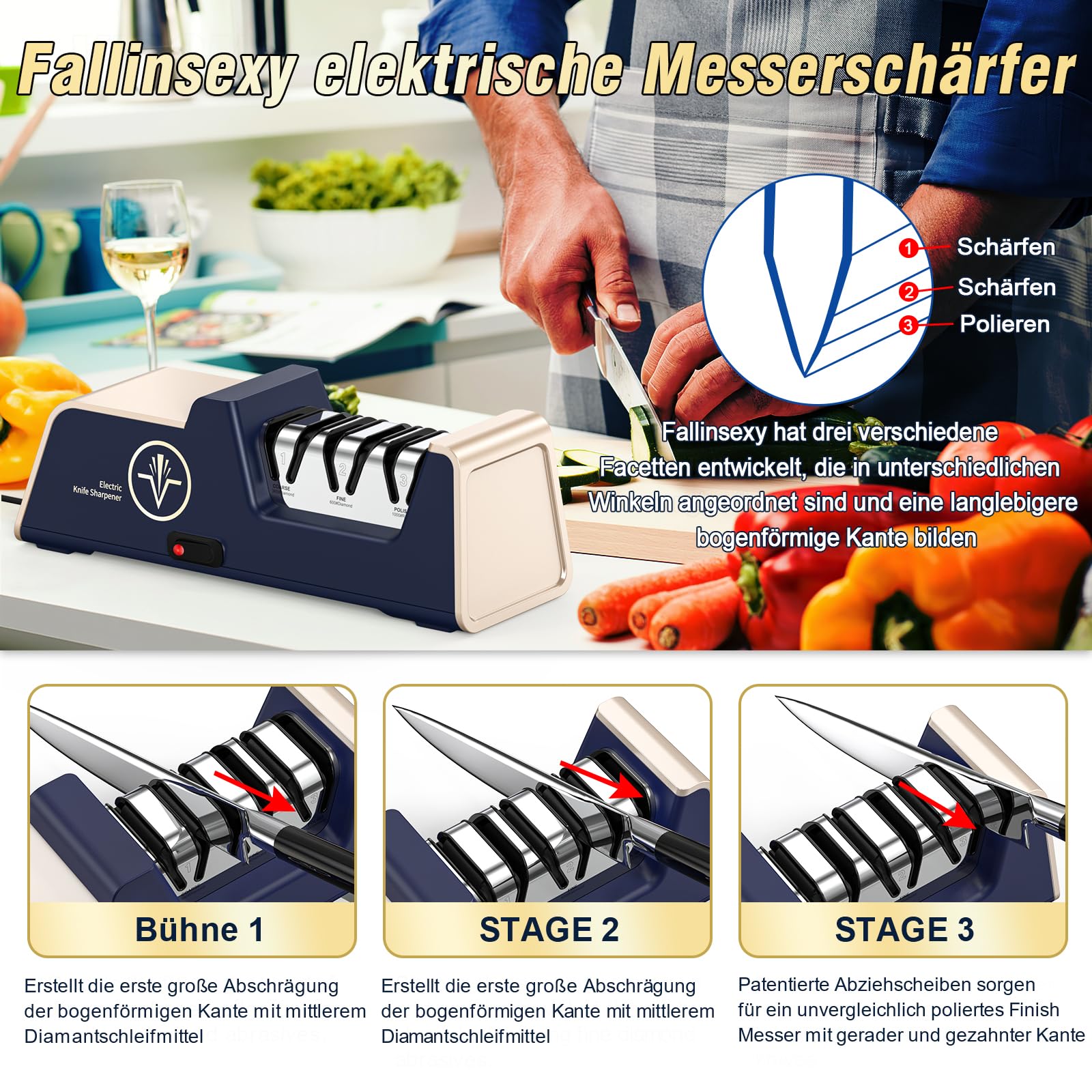 Professioneller elektrischer Messerschärfer mit Diamant-Schleifmitteln und Präzisions-Winkelführungen für Keramikmesser