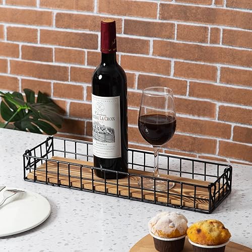 Miniatura 2 de Bandeja de madera marrón rústica con marco de alambre de metal industrial, asas de malla, caja de exhibición rectangular de madera, mesa de cocina,