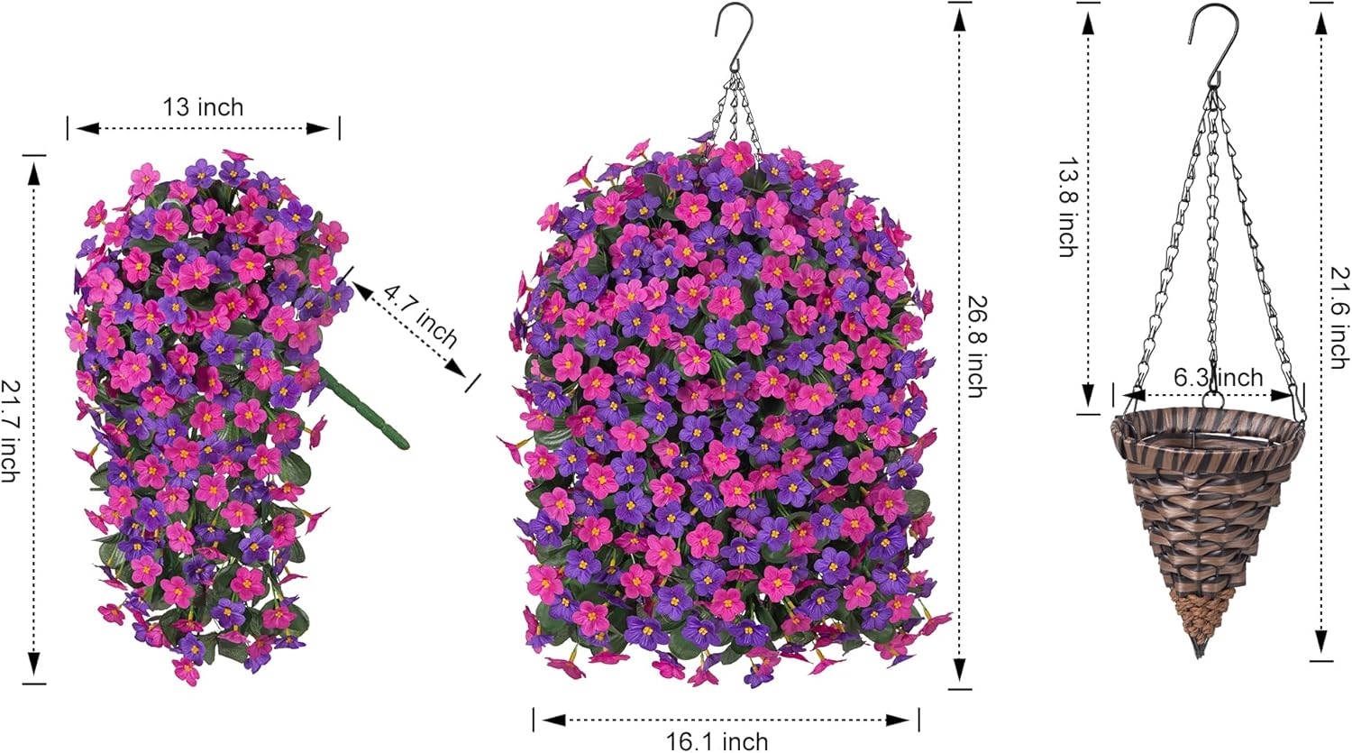 Artificial Fake Hanging Flowers with Basket for Outdoor Decoration,UV Resistant Faux Silk Daisy Flowers Dark Purple and Fuchsia Orchid Vines in Planter Realistic Hanging Baskets for Home Porch Garden