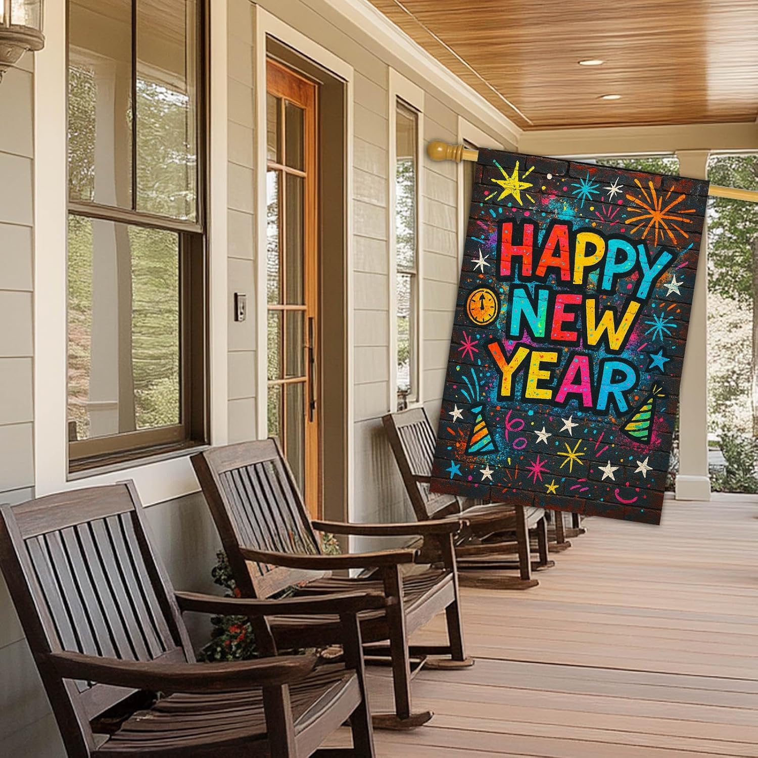 Happy New Year House Flag 28x40 Inch Double Sided Garden Flag Colorful Fireworks Party Hat Design for Winter Yard Banner Porch Outdoor Holiday Home Decoration Large Polyester Garden Flags - Image 7