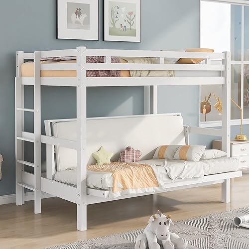 Hlcodca Elegante litera individual sobre matrimonial con escaleras y barandillas de seguridad la cama de plumón se puede convertir en sofá cama para