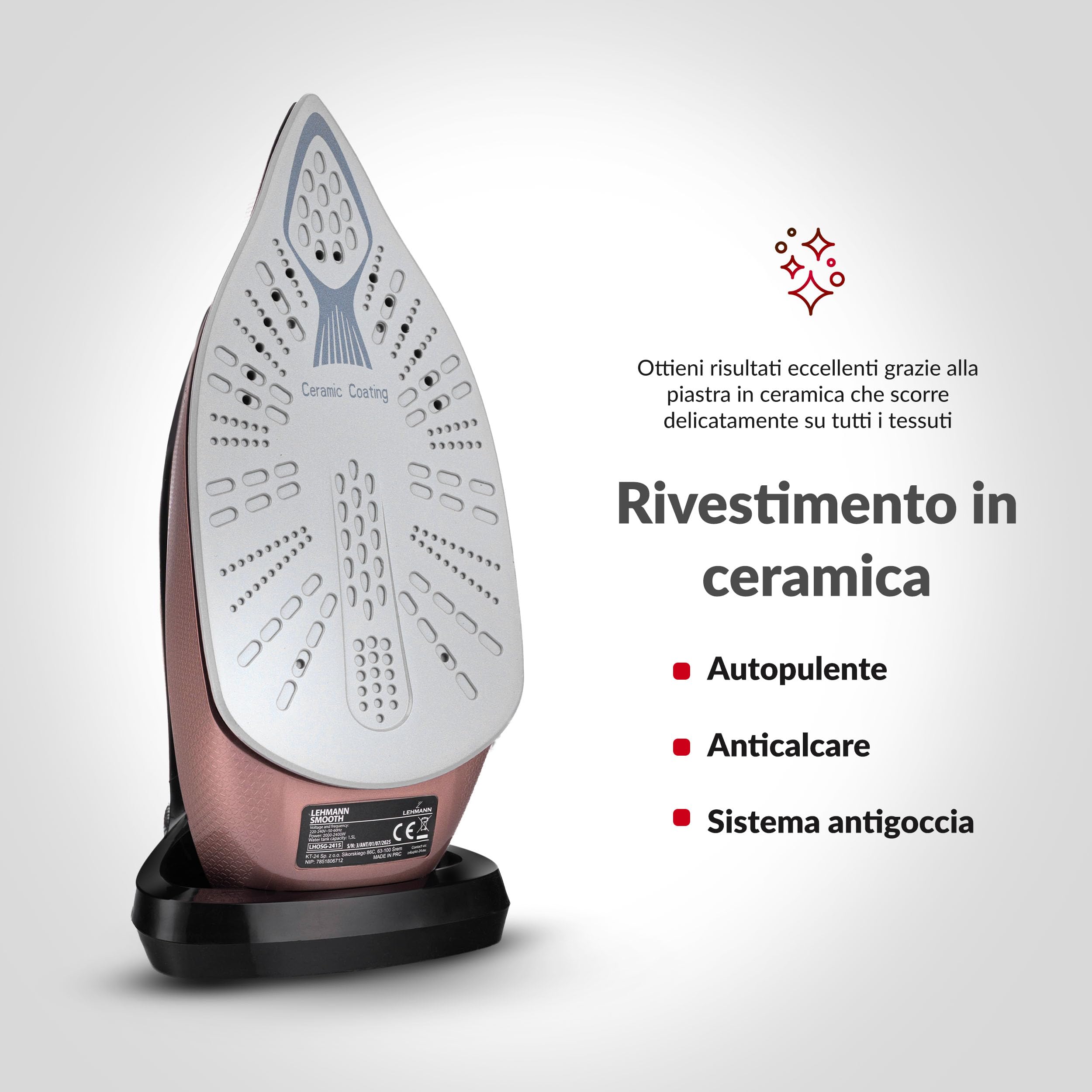 LEHMANN Ferro da Stiro a Vapore con Caldaia, Pressione Pompa 8 Bar e Potenza 2400 W, Serbatoio 1,5 L, Funzione ECO, Vapore Verticale, Piastra in Ceramica, Spegnimento Automatico, Nero e Rosa Oro