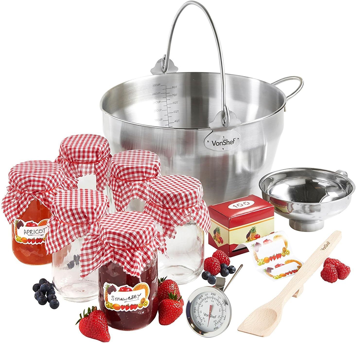 VonShef Jam Making Kit, Includes 6 Jam Jars with Lids, Induction Hob Safe Maslin Pan
