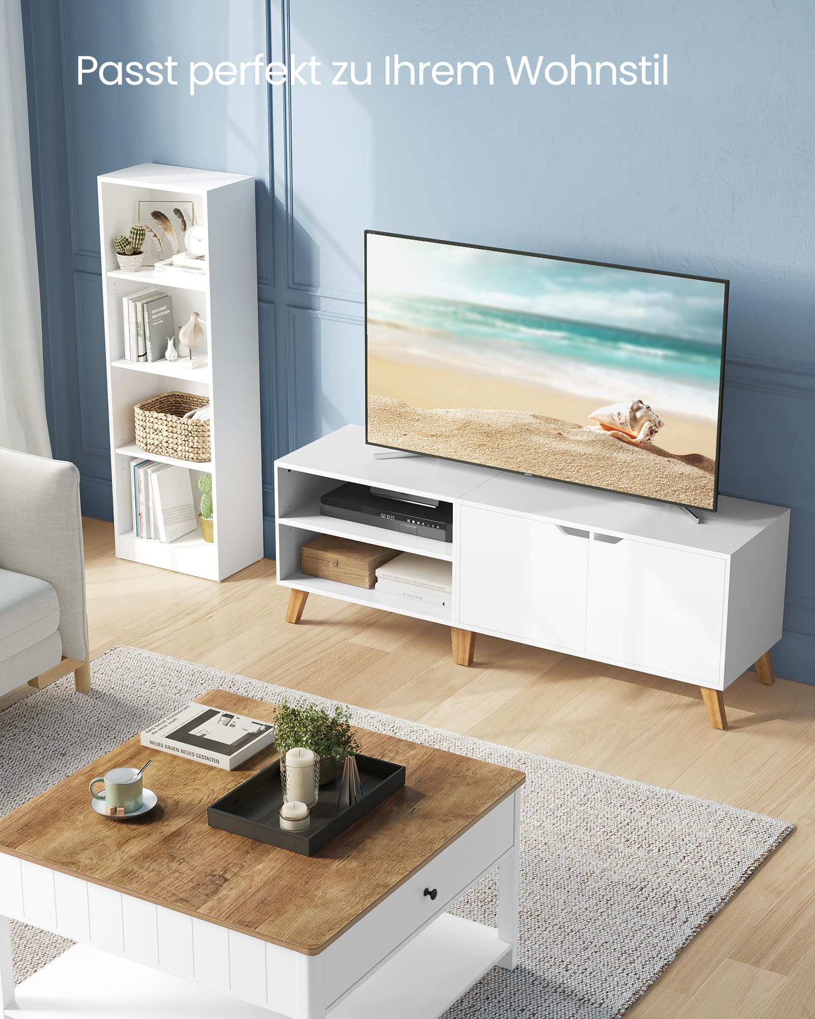 VASAGLE TV-Schrank, Fernsehtisch mit 2 Türen, 140 cm lang, TV-Regal für Fernseher bis zu 60 Zoll, verstellbare Ablagen, für Wohnzimmer, Esszimmer, Schlafzimmer, weiß LTV027T46