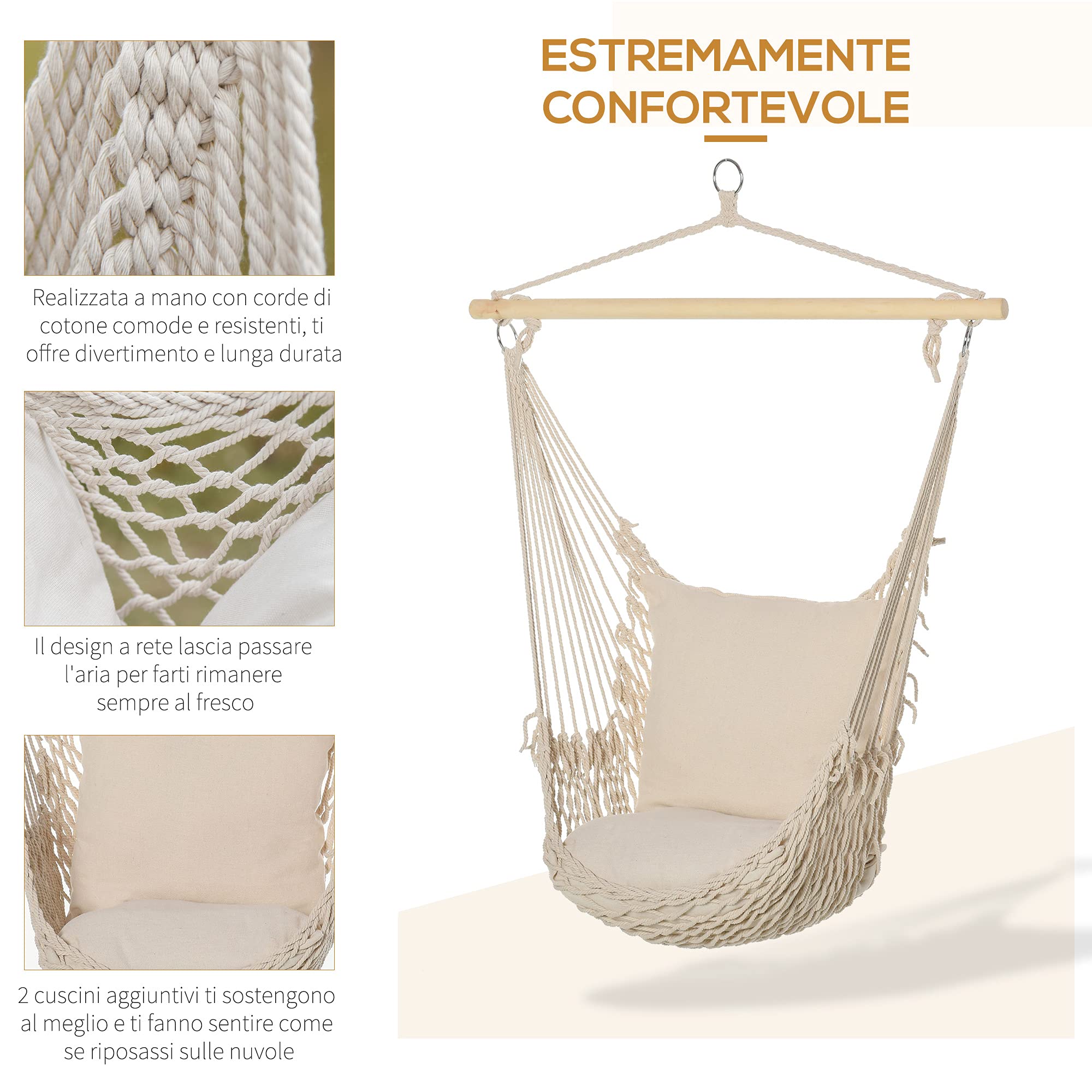 Outsunny Poltrona Sospesa da giardino in Coeda, Sedia a Dondolo Sospesa in Stile Shabby Chic, Amaca per Interni ed Esterni, Bianca 120L x 90Pcm