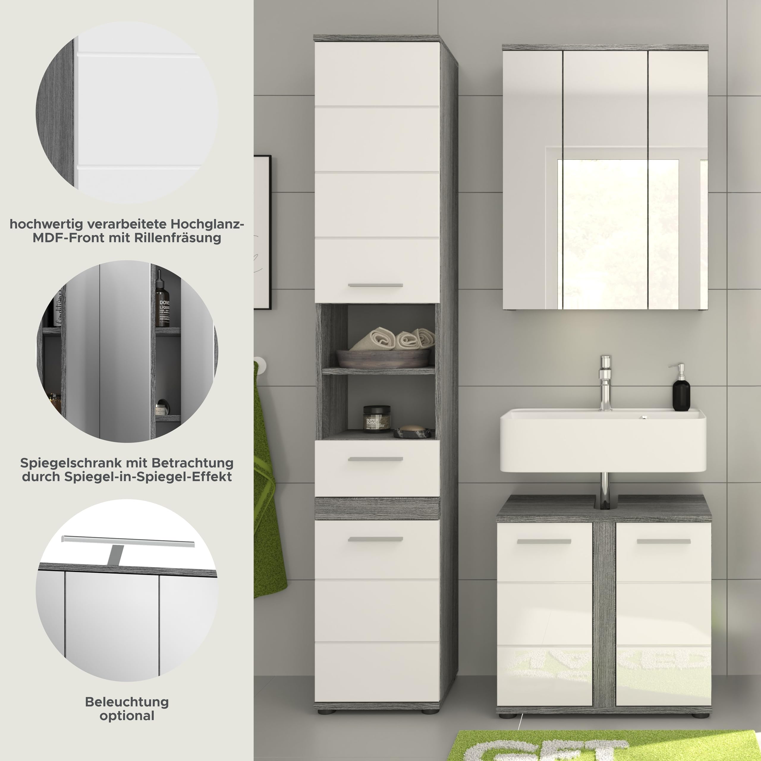 xonox.home Badezimmer Blake 3tlg. Kombination Badmöbel Set Set für kleine Bäder Komplettprogramm Badezimmer Bademöbel-Set in weiß Hochglanz, rauchsilber Nachbildung