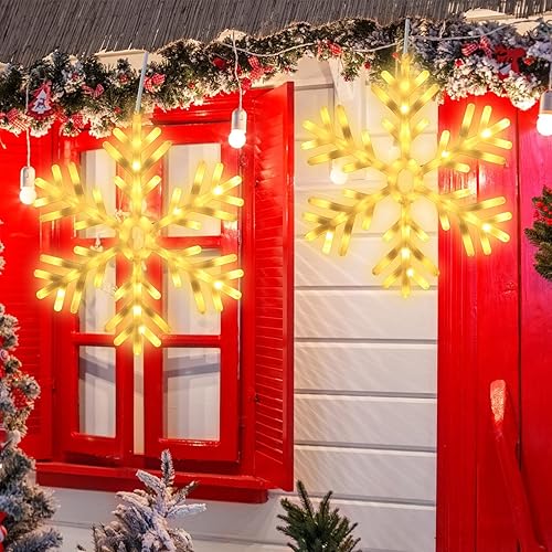 Miniatura 10 de Juego de 2 luces LED de copo de nieve de 24 pulgadas, decoraciones de copo de nieve grandes de Navidad, luces colgantes de copo de nieve iluminadas