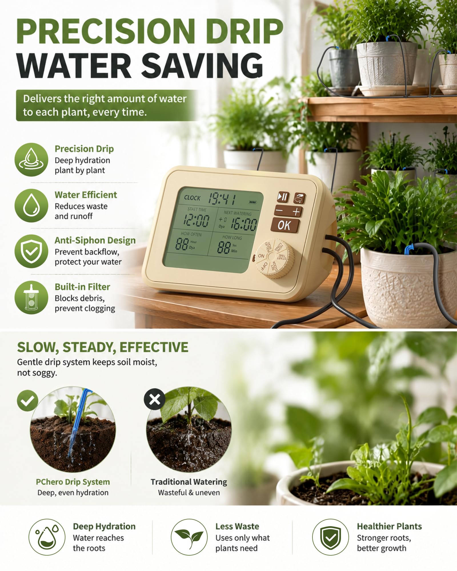 PChero Kit de Système Auto d'Arrosage Avec Minuterie pour Plantes | Système d'Arrosage de Jardin, Système d'Irrigation pour Serre avec Tuyau de 15 m, Jusqu'à 20 Pots,pour Jardin Plantes Pelouse