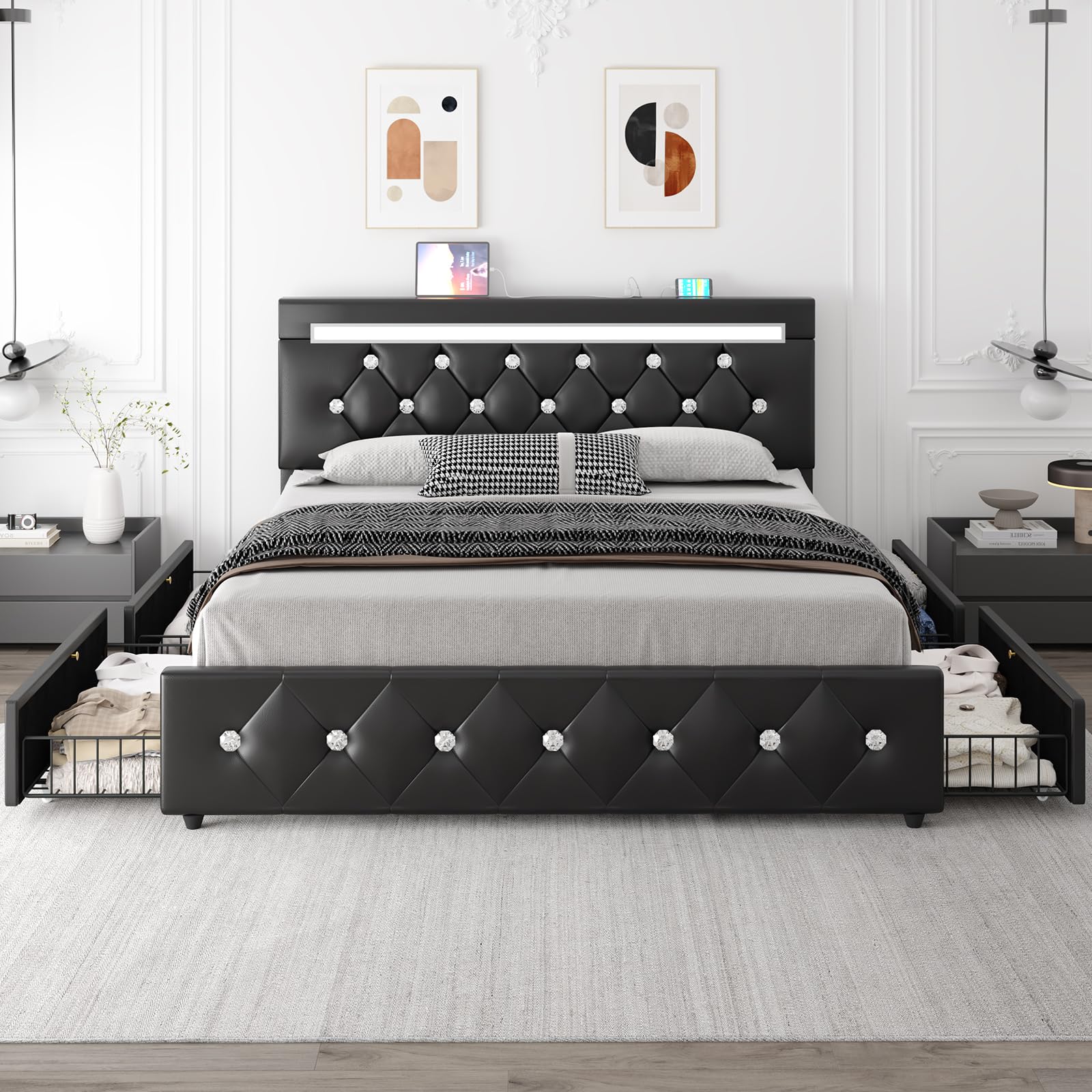 king Size Bed Frame with 4 Storage Drawers, PU Leather Upholstered Platform Bed with LED Lights and Charging Station, Adjustable Diamond Tufted Headboard, Easy Assembly, Noise-Free, Black