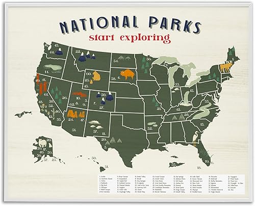 Stupell Industries Mapa de parques nacionales con llave numerada de Estados Unidos, diseñado por Daphne Polselli - Arte de pared con marco blanco,