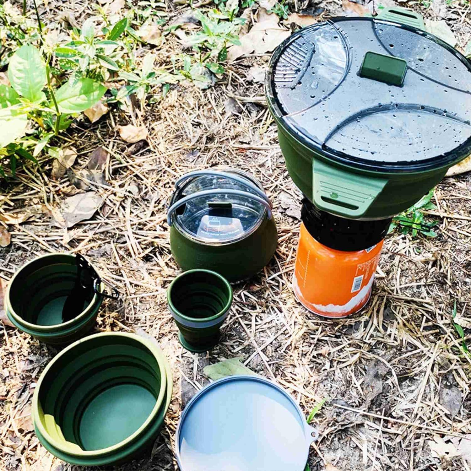 Dawafit Faltbarer Topf für Den AußEnbereich, Silikon, Wandern, Kochtopf, Tragbarer Picknick-Topf, Edelstahl, Campingkocher, GrüN Sport & Freizeit