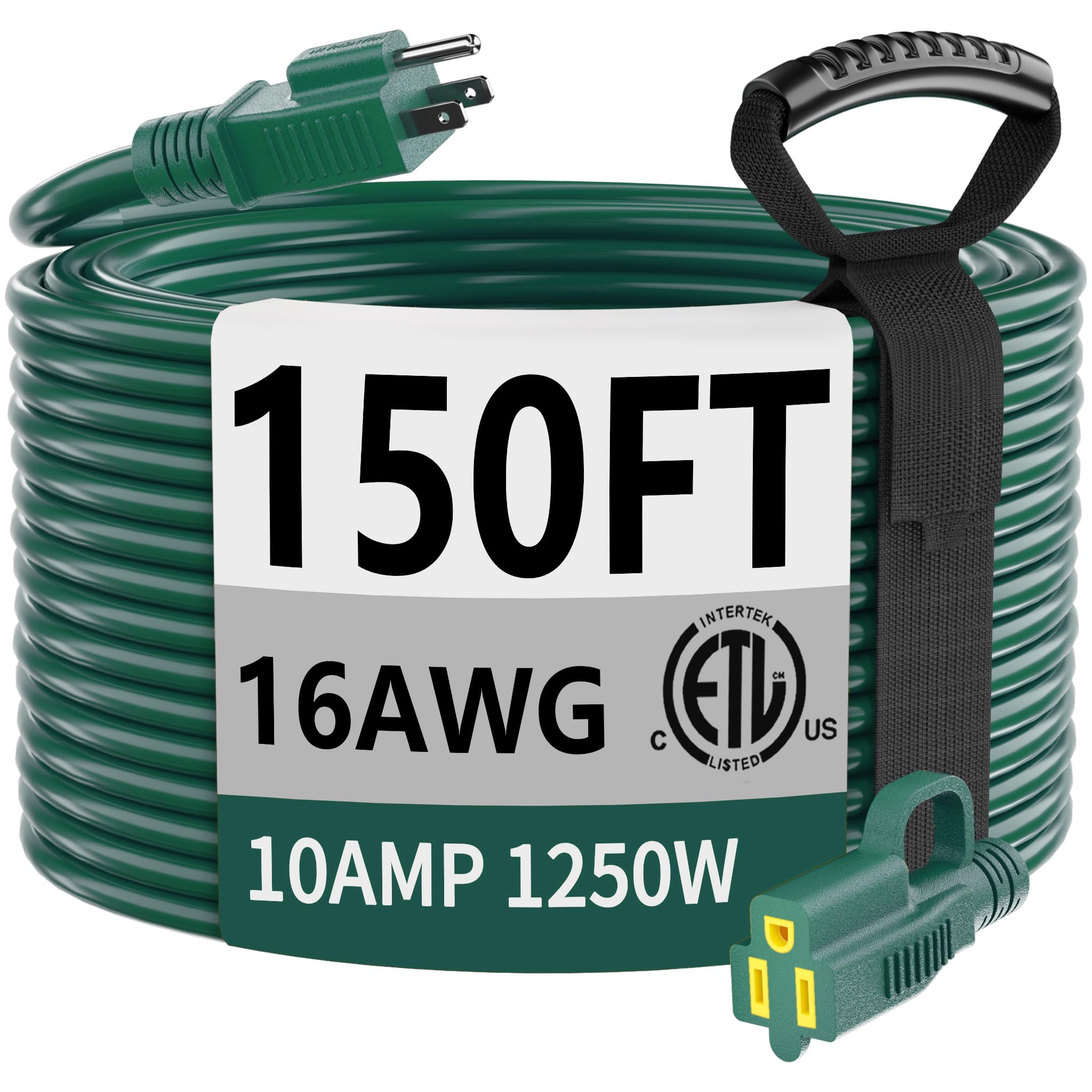 HUANCHAIN 16/3 Gauge Indoor Outdoor Green Extension Cord 150 ft Waterproof