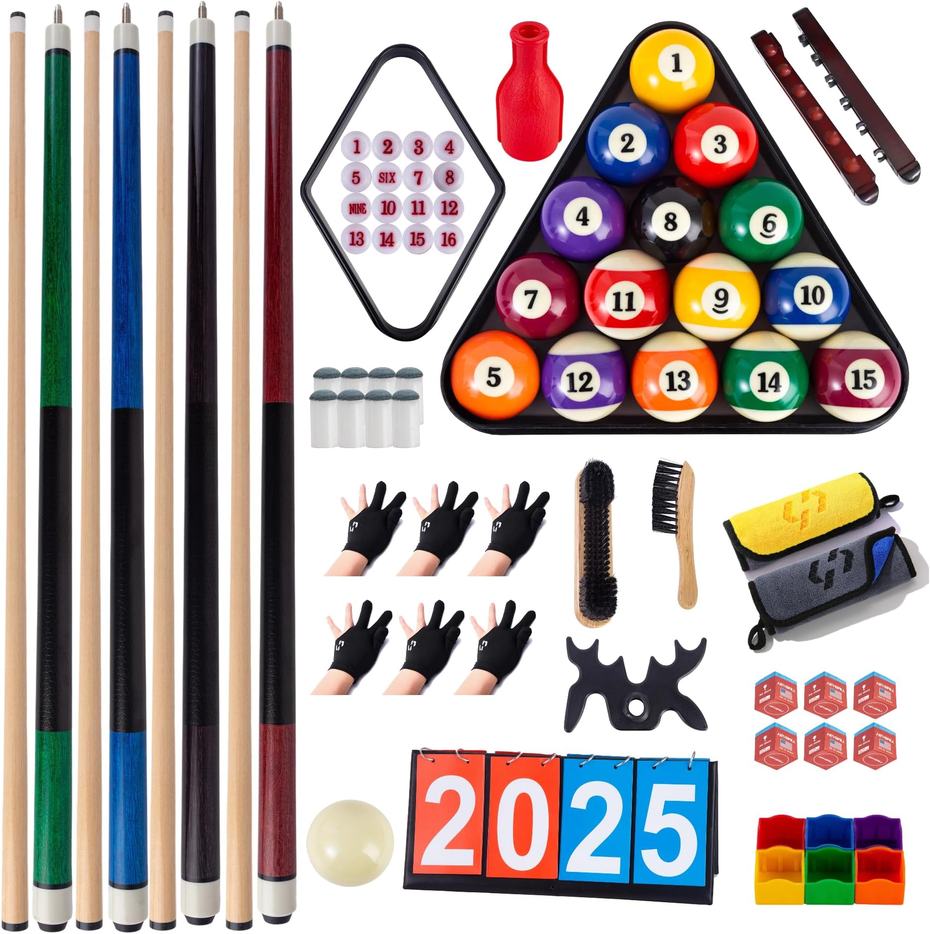 Billiards Accessory Kit – Pool Cue Sticks, Balls, Triangle Rack, Chalk, Brushes, Gloves & Manual Scoreboard – All-in-One Kit for Home Game Room