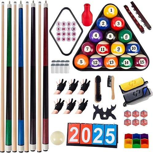 Billiards Accessory Kit  Pool Cue Sticks, Balls, Triangle Rack, Chalk, Brushes, Gloves & Manual Scoreboard  All-in-One Kit for Home Game Room