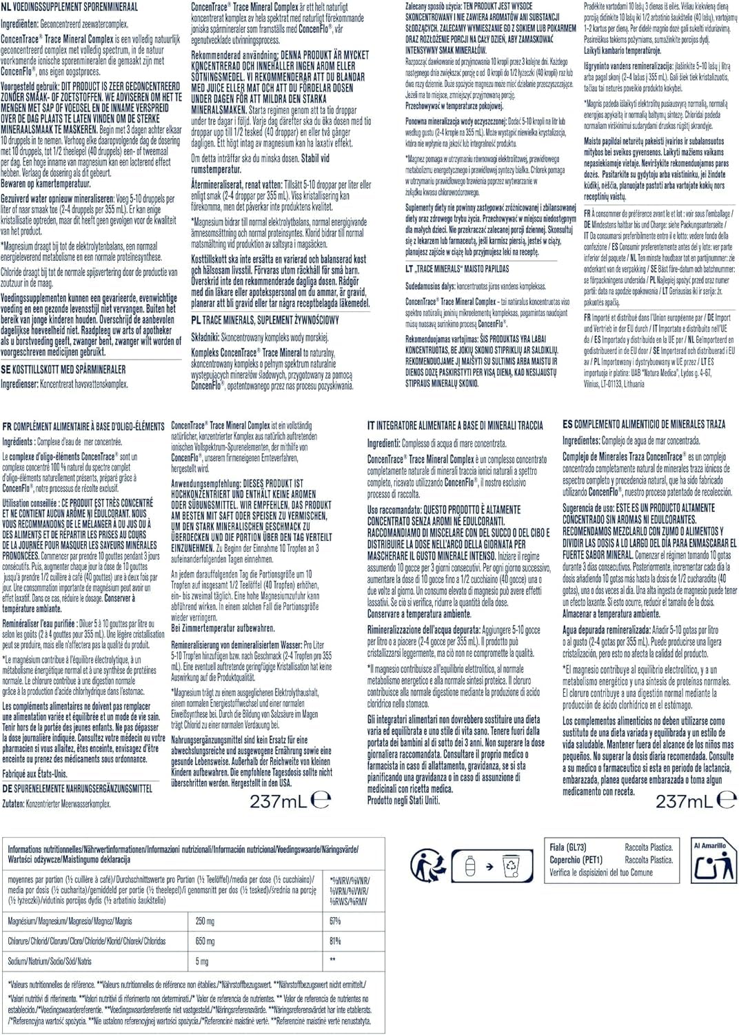Trace Minerals ConcenTrace Électrolytes & Oligo-Éléments | 237 ml | Magnésium Liquide & Potassium | 70+ Minéraux Ioniques | Hydratation, Énergie & Digestion | Végan | 96 Jours
