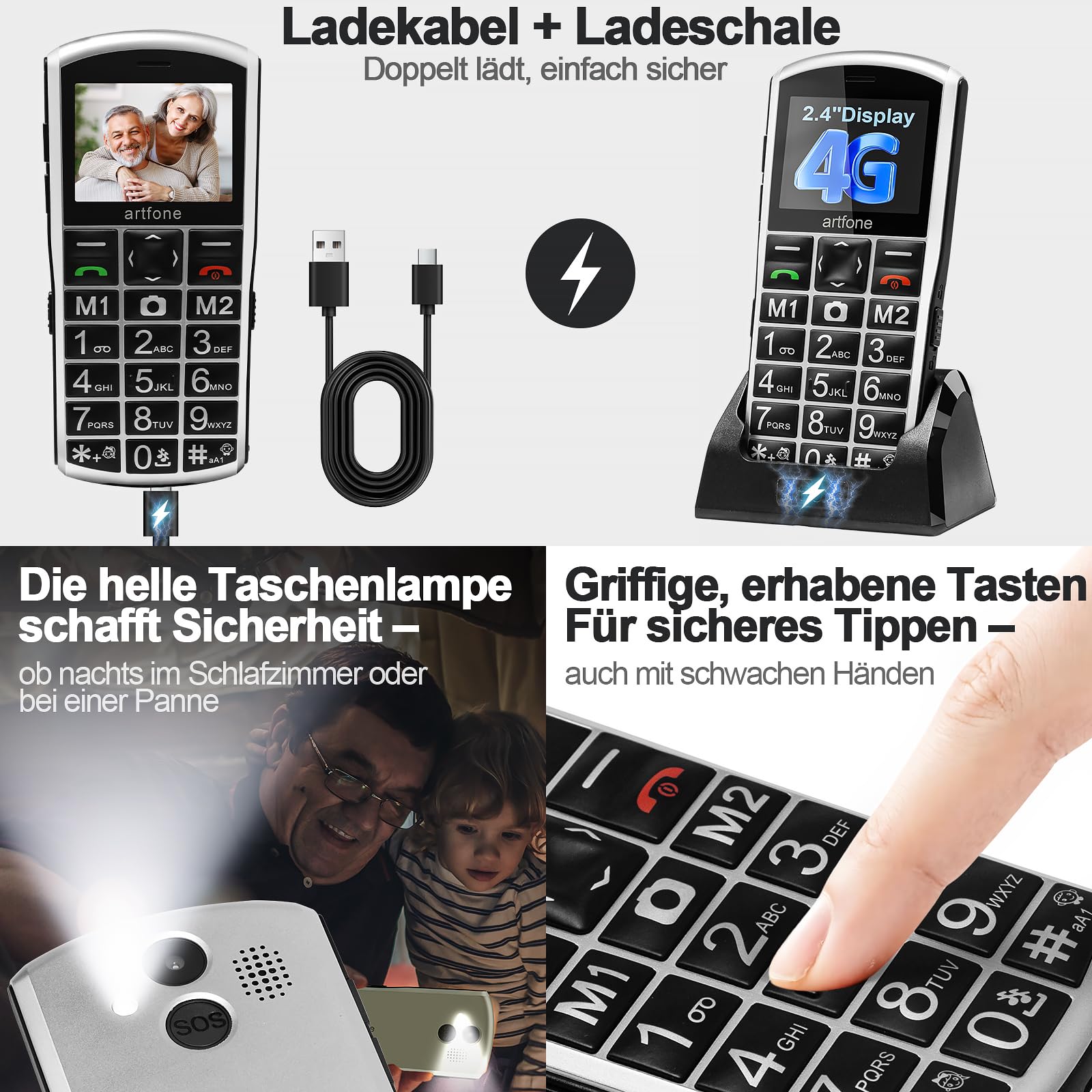 artfone A400 4G Seniorenhandy ohne Vertrag | 2,4 Zoll Farbdisplay | Dual SIM mit Notruftaste | Rentner Handy große Tasten | 1800 mAh Akku Lange Standby-Zeit | Großtastenhandy mit Ladestation