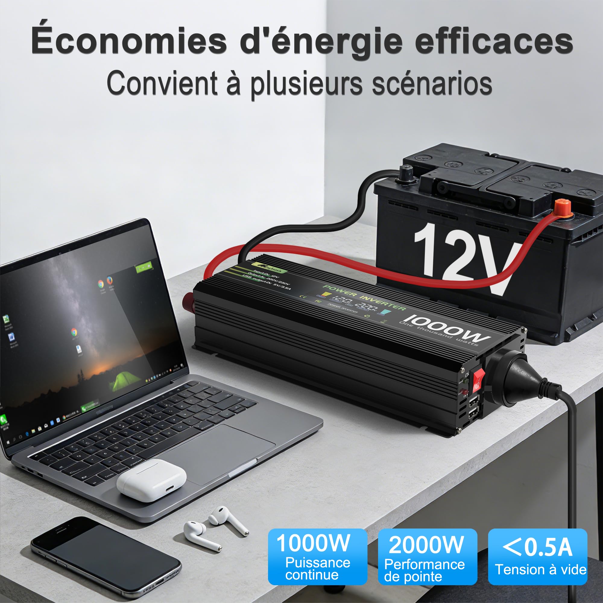 1000W/2000W Convertisseur 12V 220V/230V Transformateur, DC AC Onduleur Power Inverter Allume 2 Prise EU De Courant Alternatif LCD pour Voiture, Camping, Voyage, Panneau Solaire, VR