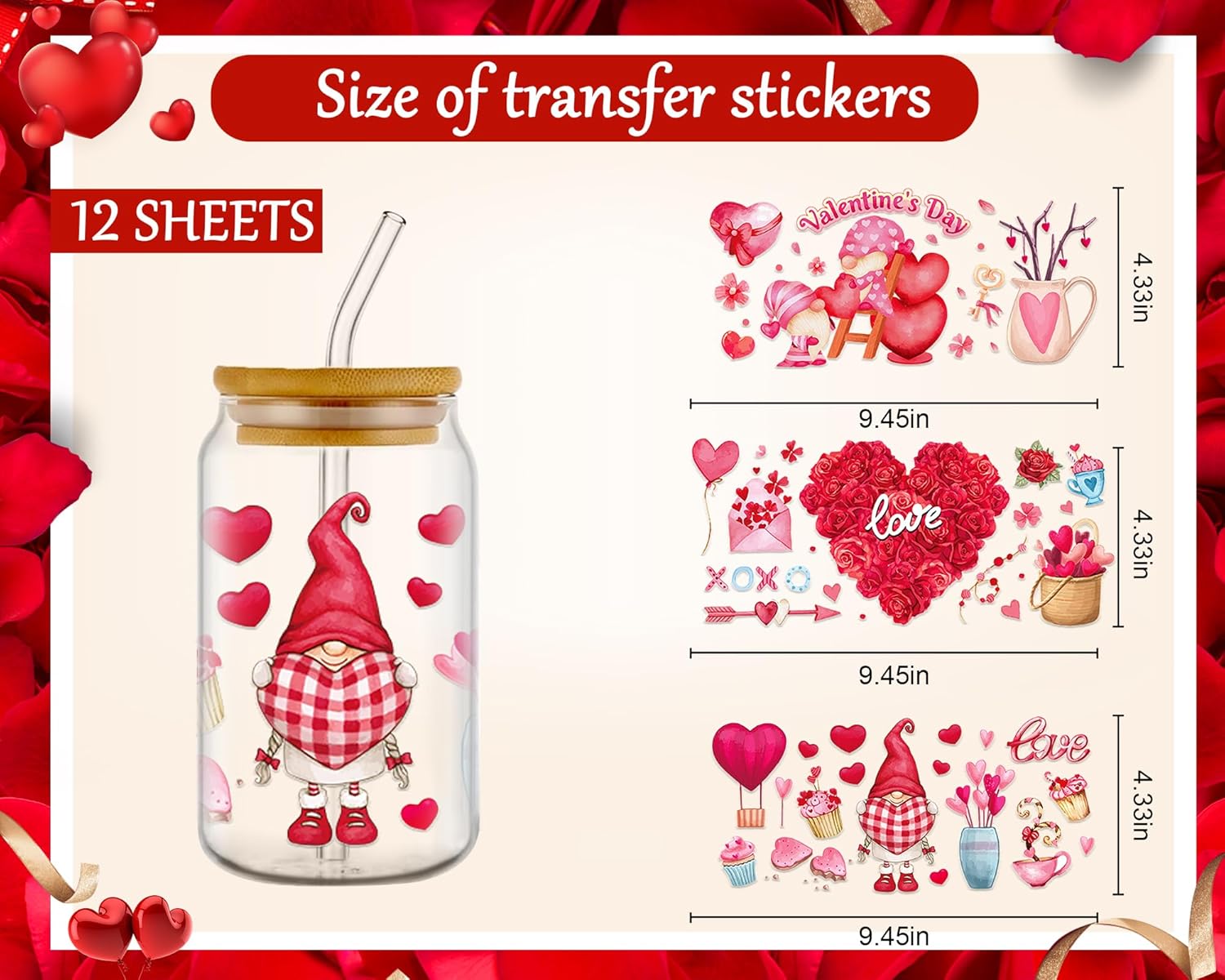 UV DTF Wraps - 12 Sheets Valentines UV DTF Cup Wrap Transfer for Glass Dwarf Waterproof Uvdtf Cup Wraps Love Heart UV DTF Cup Wraps for 16 oz Glass Cups DIY Wood Crafts Water Bottles