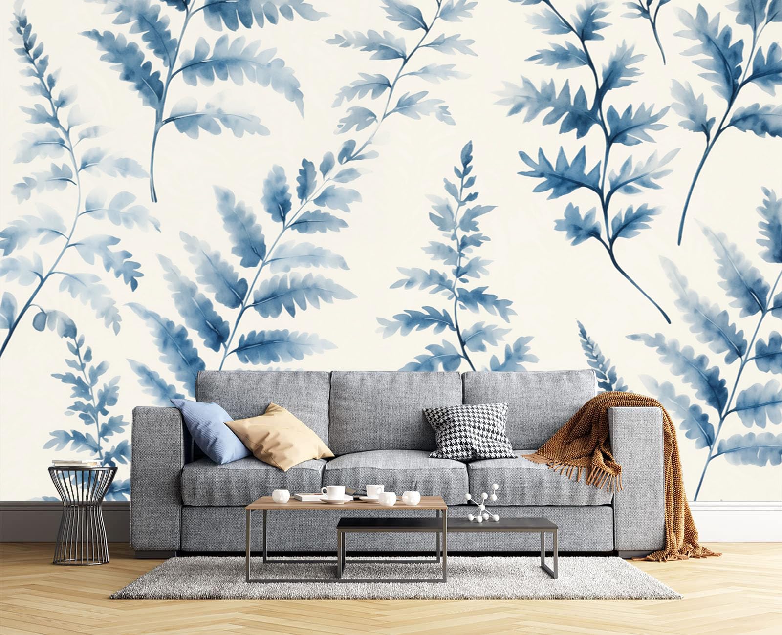 Papier peint motif fougères aquarelles bleu marine pour salon et chambre parentale
