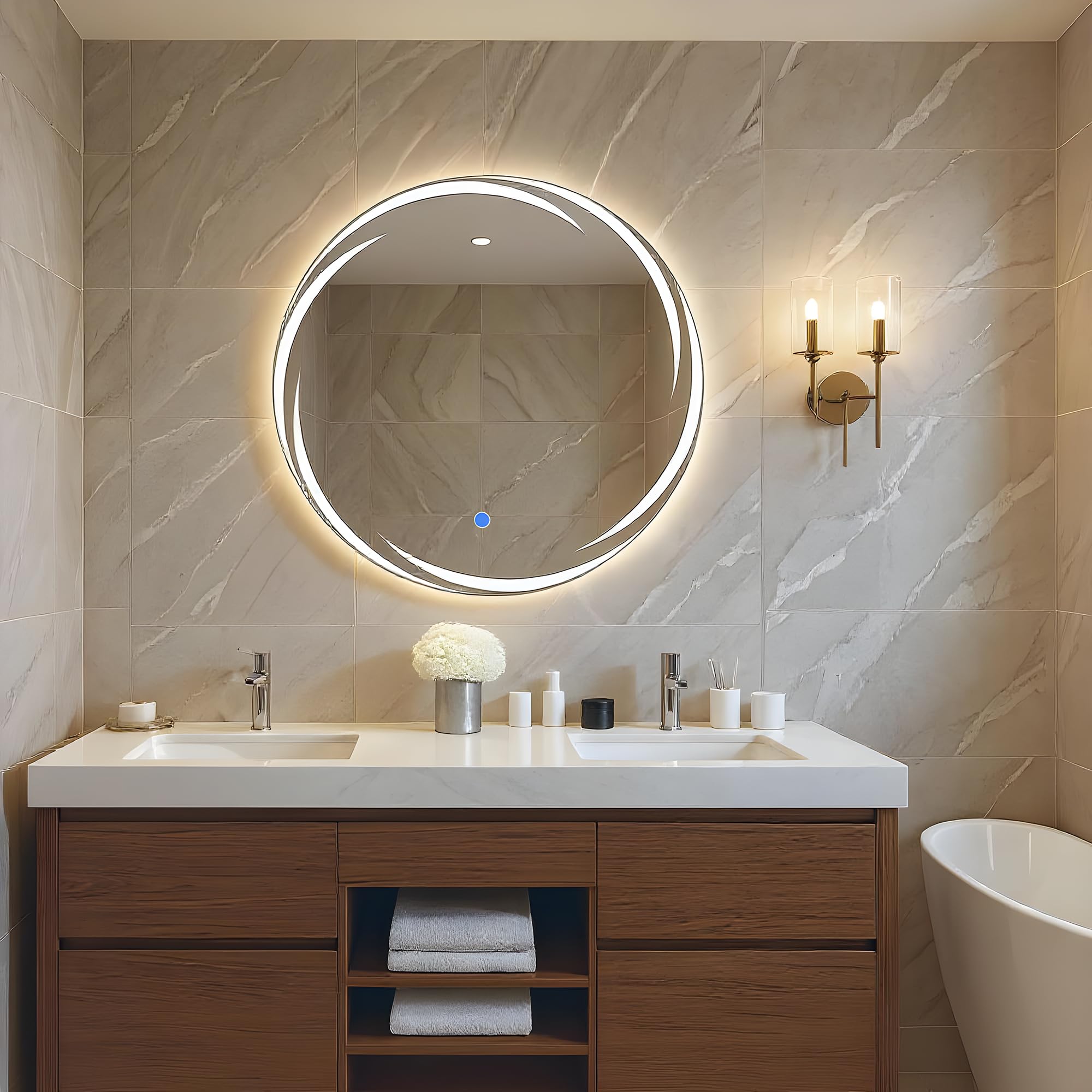 Amazon Basics Round Glass | 24 x 24 Inch Wall-Mounted LED Mirror with Smart Sensor | 3-Color Light (Warm, White, Natural)