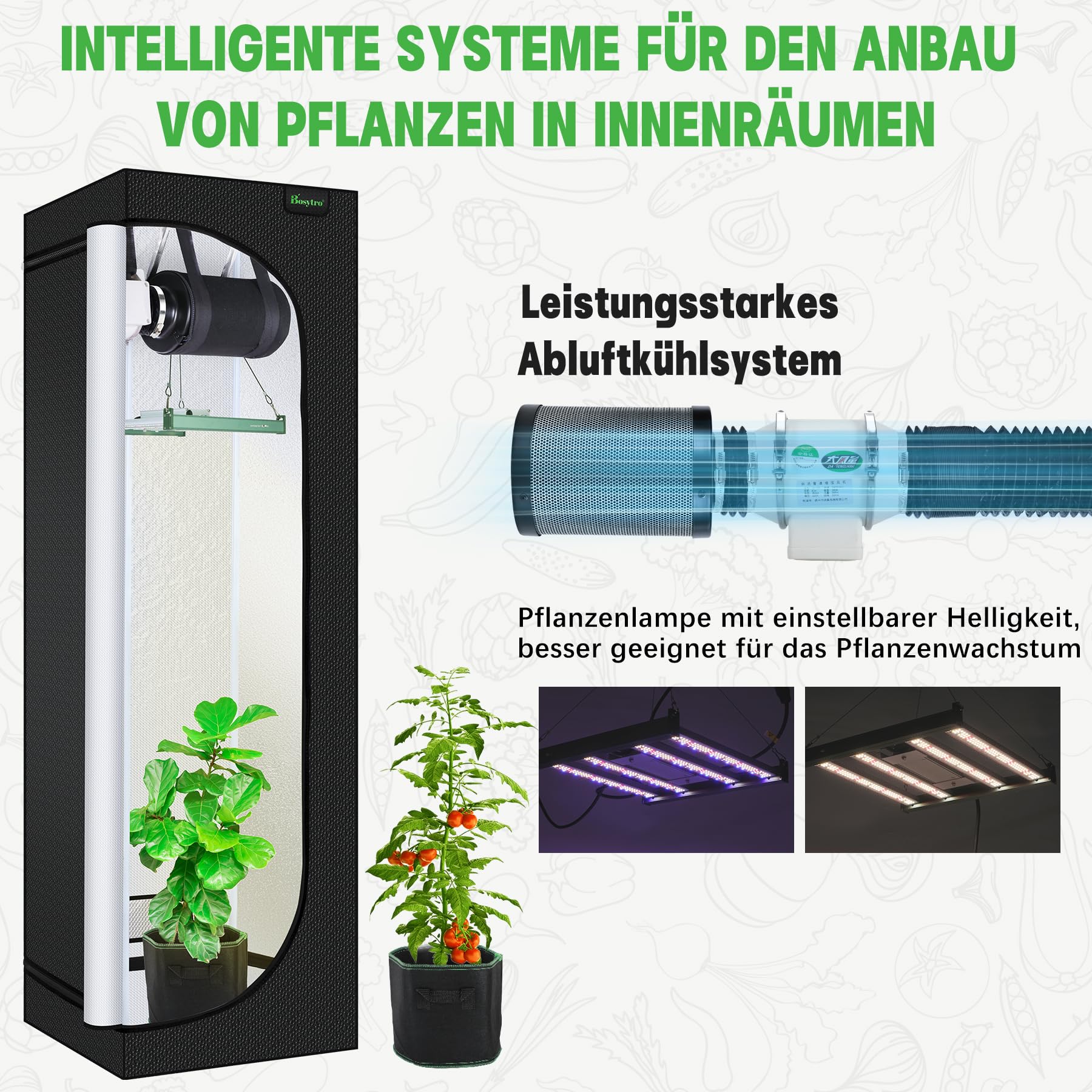 Grow Box Kit Completo, Tenda da Crescita, Luce per Piante da 120W, Kit Completo di Tenda idroponica 600D con Sistema di Ventilazione, con Termoigrometro e Timer(60x60x180CM-4Z)