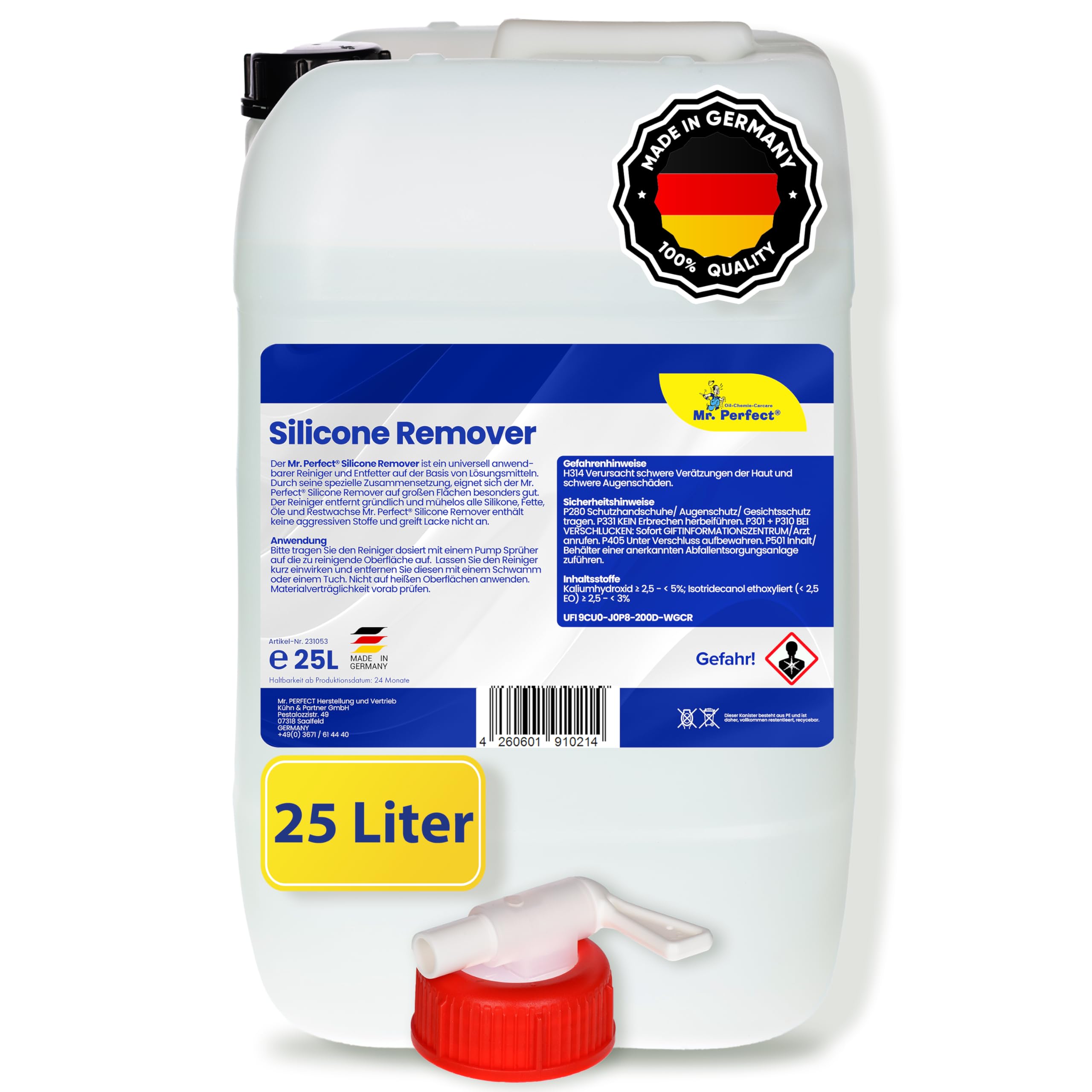 Mr. Perfect® - Silikonentferner 25l | Wachsentferner für Autolack| Der Silikonreiniger entfernt mühelos Fette, Öle & Silikon | Effektive Reinigung | Mit praktischem Dosierhahn