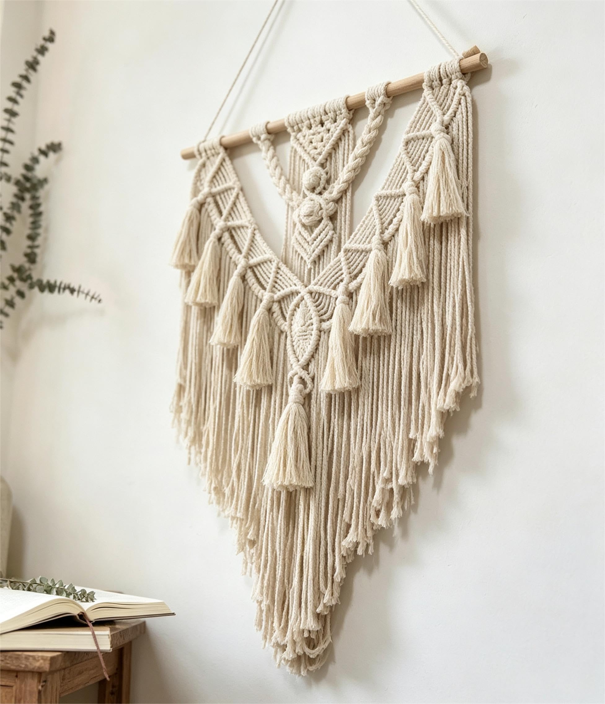 Umllpet Makrama, dekoracja ścienna w stylu boho, 70 x 40 cm, ręcznie tkany dywan ścienny z bawełny z frędzlami i drewnianym kijem, gobelin w stylu boho, do salonu, sypialni, na balkon, dekoracja