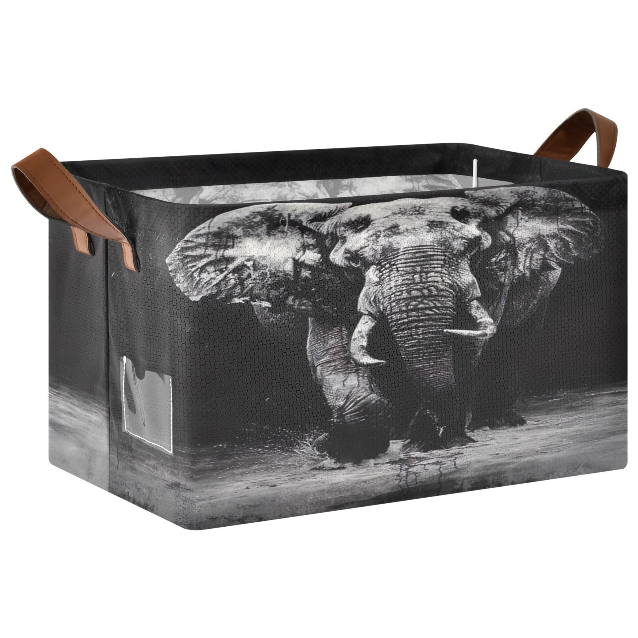 Kutsu Foldable Storage Basket Elephant Collapsible Storage Bin with Handles for Shelves, Rectangle Basket for Home Nursery Decor, 16.9x11.4x10 in