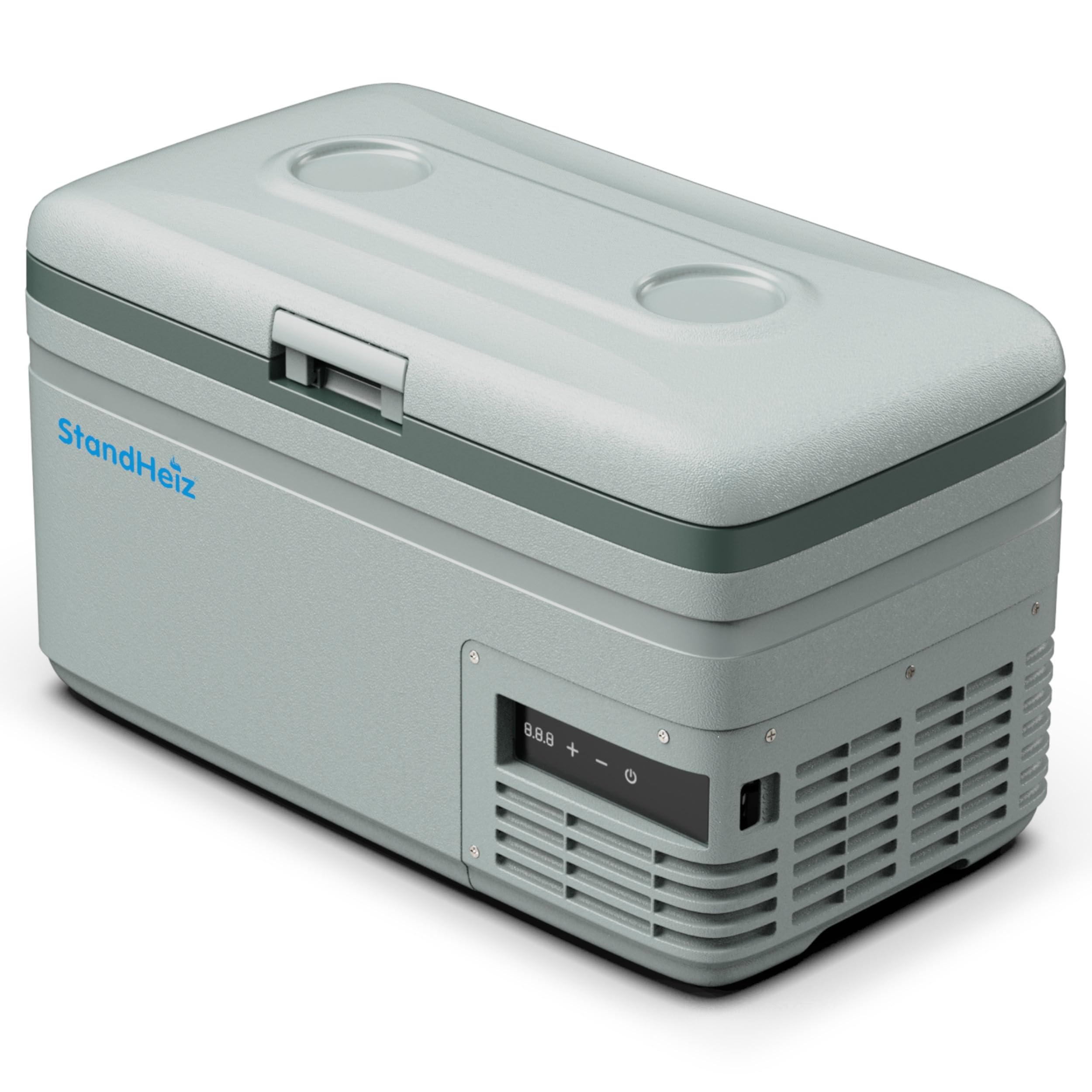 Lodówka Turystyczna Kompresorowa 15L – Kompaktowa Mini Lodówka z Aplikacją i Trybem ECO, 12V/24V/230V do Samochodu, Ciężarówki, Biura i na Kemping, Zamrażarka do -20°C, Szaro-Zielona