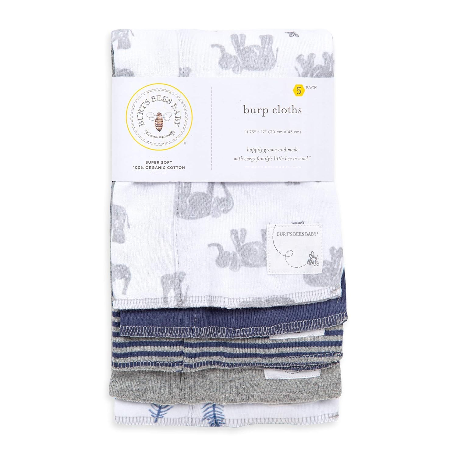 Burt's Bees Baby - Burp Cloths, 5-Pack Extra Absorbent 100% Organic Cotton Burp Cloths (Wandering Elephants) : Baby