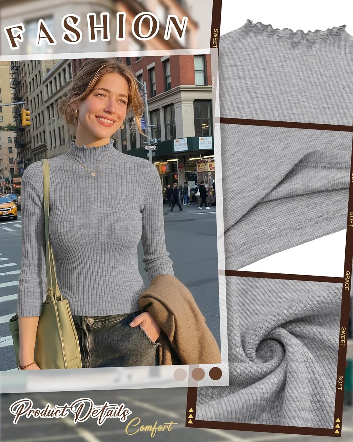 3 Pack Women's Cotton 3/4 Sleeve Mock Turtleneck Tops Lettuce Trim Ribbed Shirts Slim Fit Casual Basic Tees - Image 5