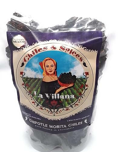La Villana Chile Chipotle Morita Seco Entero 5oz Condimento 100% natural para salsas, aderezos, tacos y otros platos mexicanos. Bolsa resellable y