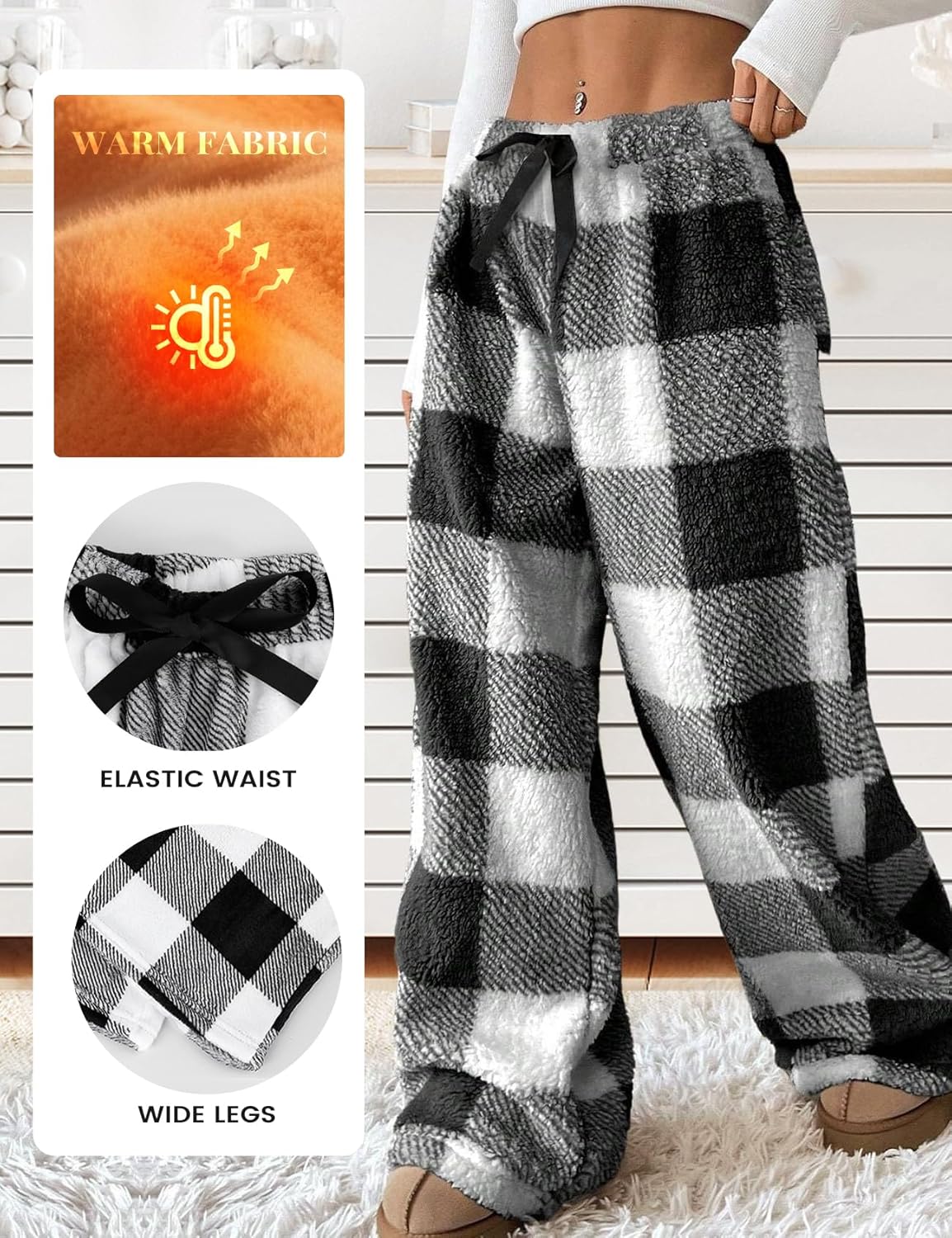 Wyeysyt Women Fuzzy Pajama Pants Plush Elastic Waist Wide Leg Leopard Pants Pj Bottoms Lounge Fluffy Pants - Image 3