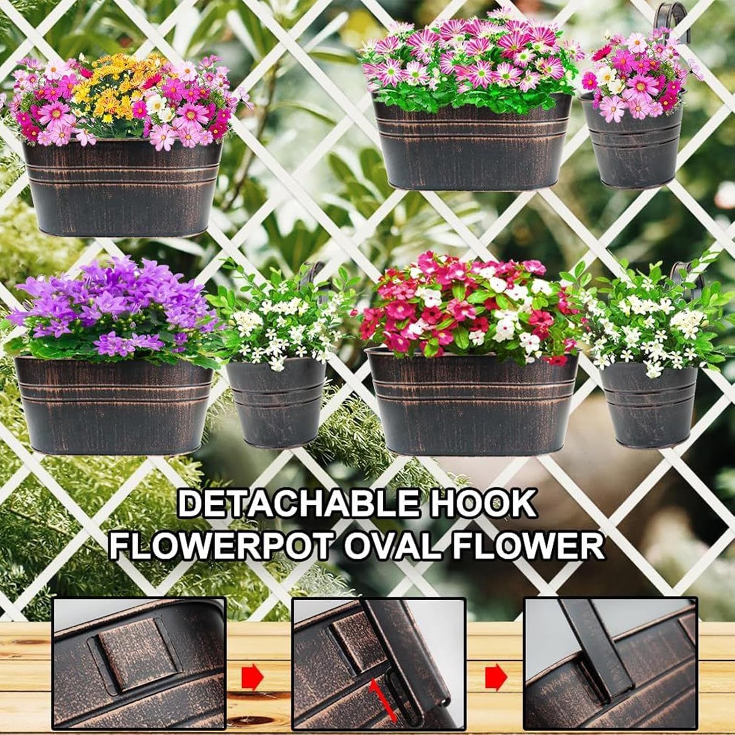 Genérico Railing Flower Pot | 3 Pieces Garden Pots with Drainage Holes, Metal Pot Holder with Detachable Hooks for Balcony Window Balcony Patio Porch Garden