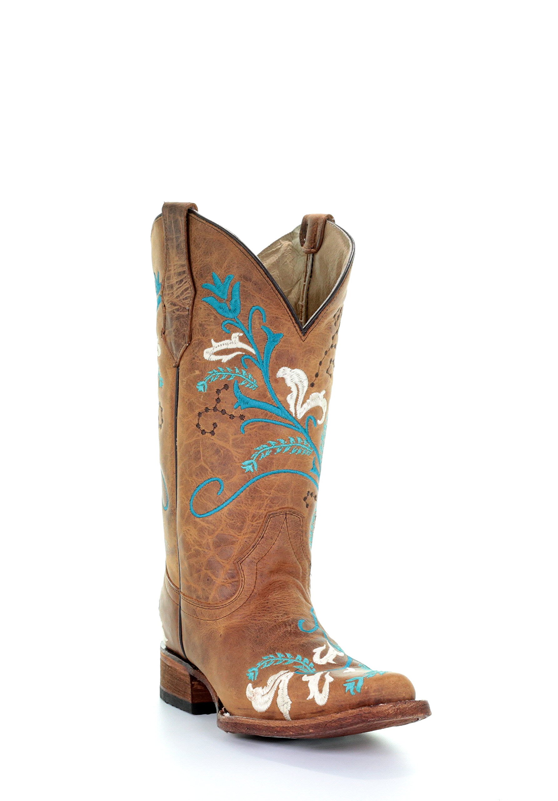 Circle G Women's Floral Embroidery Square Toe Leather Cowgirl Boots - Tan