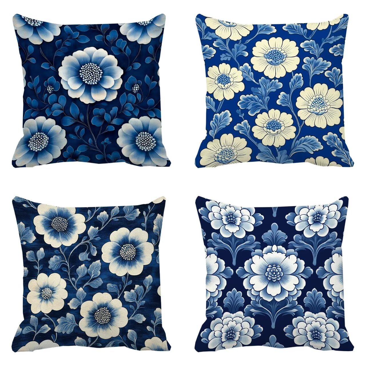 Coussin canape bleu fleurs 55x55 cm pour terrasse lot de 4