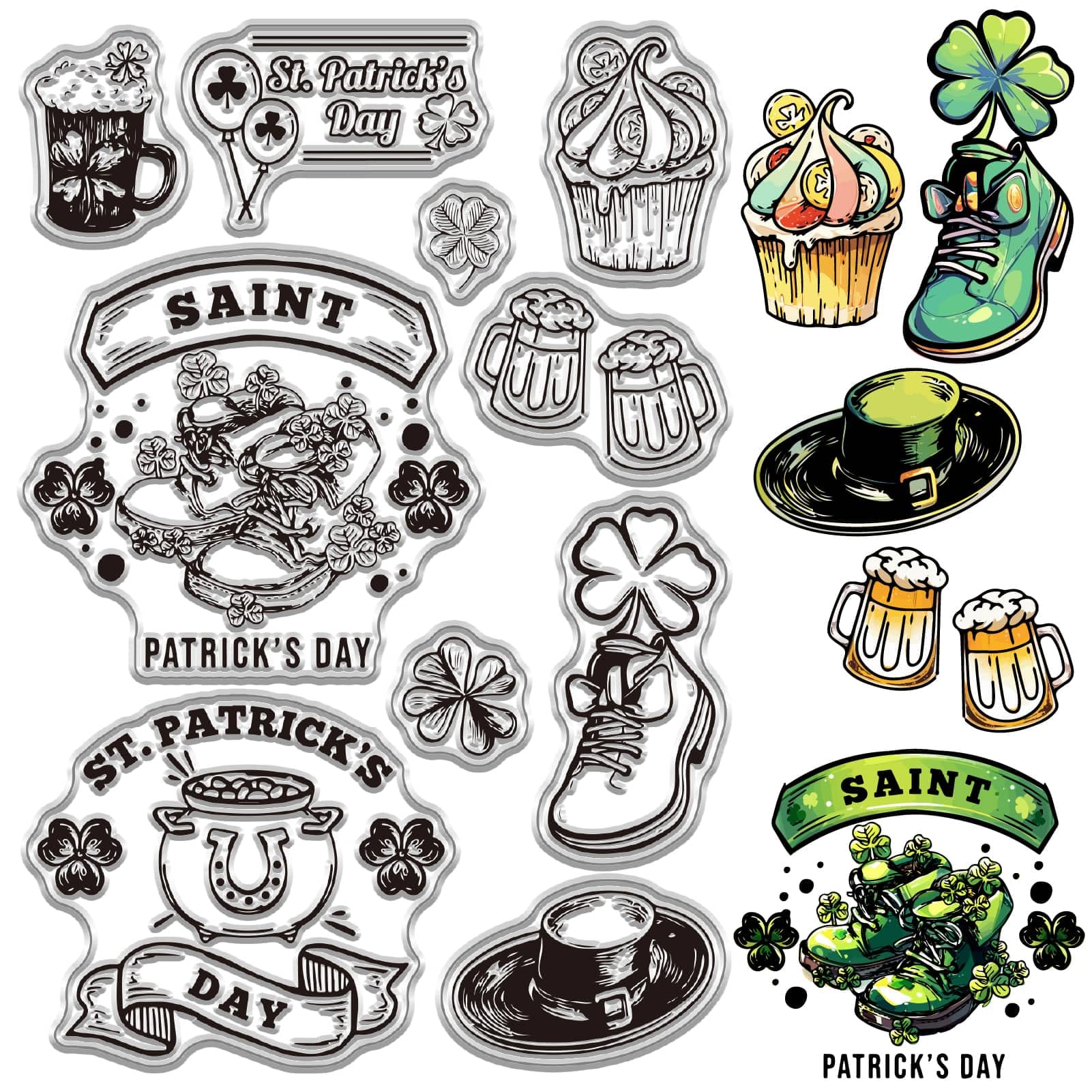 CRASPIRE Clover Clear Rubber Stamps St Patrick Day Cakes Boot Hat Retro Vintage Reusable Transparent Silicone Stamp Seals for Journaling Cards Making Scrapbooking Photo Album Decorative DIY Gifts
