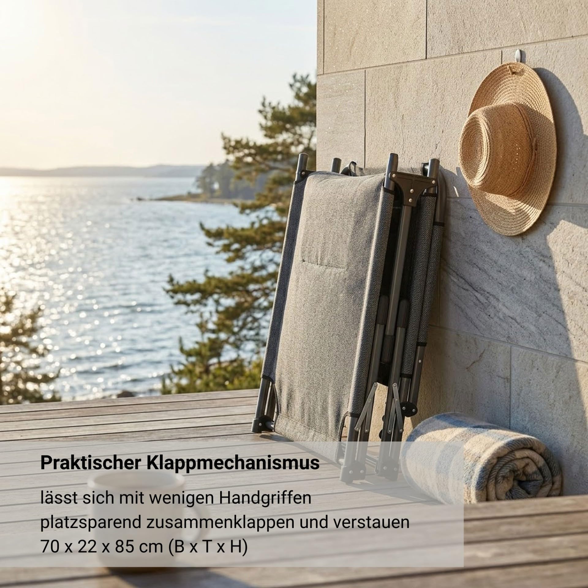 hausratplus Sonnenliege XXL Dreibeinliege Soft Touch 3D gepolstert | Abmessungen: 215 x 70 x 50/90 cm (L x B x H) 130 kg Tragkraft | 4-Fach verstellbares Kopfteil | zusammenklappbar anthrazit/grau
