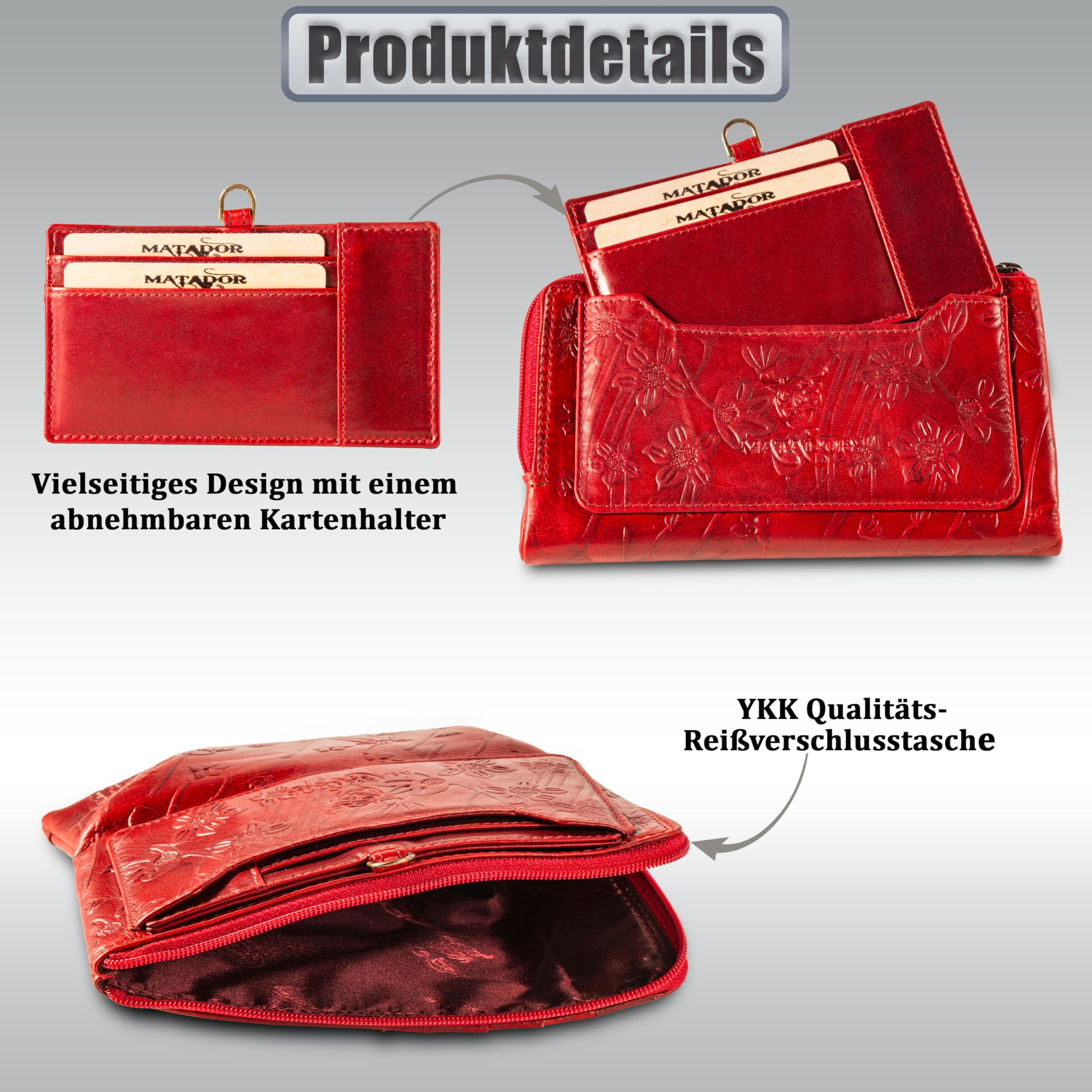 MATADOR Puebla Leder Portemonnaie Damen Mittelgroß | Geldbörse im Hochformat | RFID Geldbeutel mit Edler Geschenkverpackung | Blumen Rot
