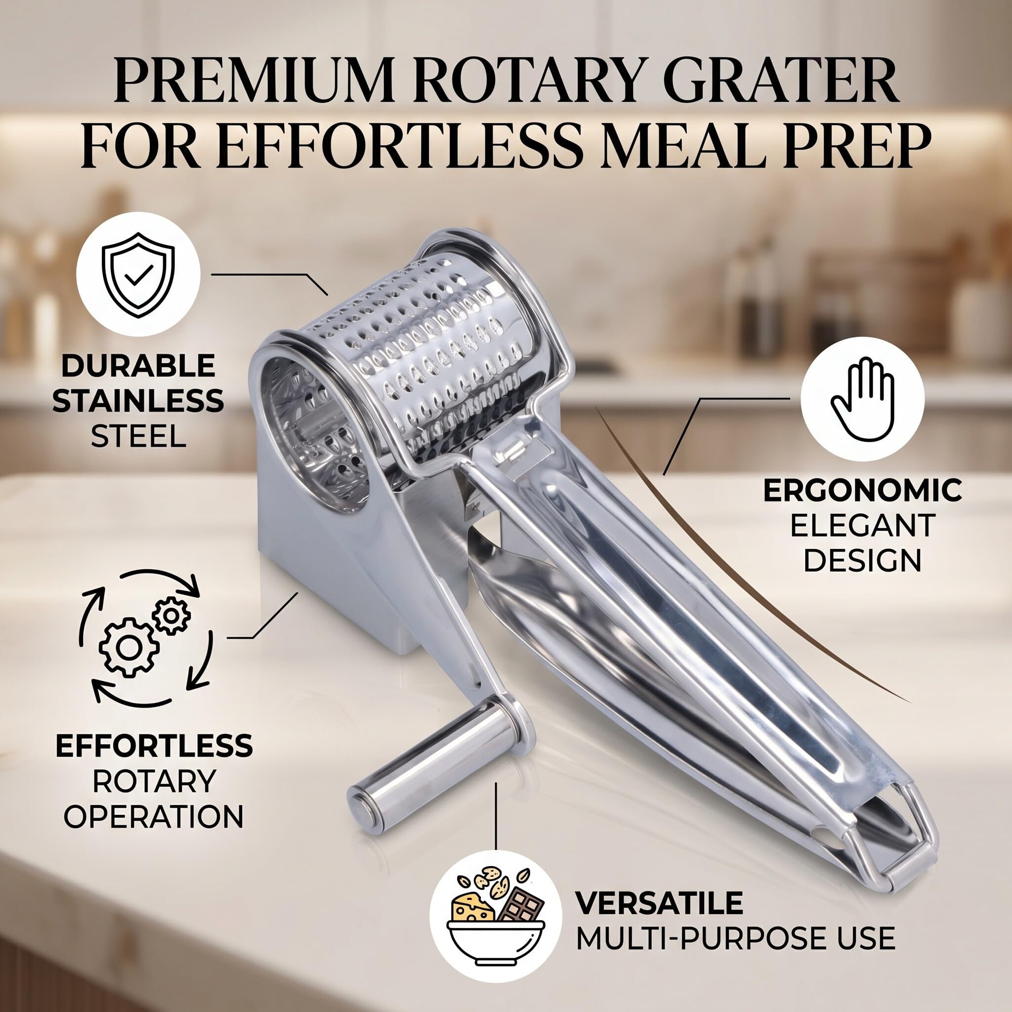 Râpe à Fromage Poignée Rotative en Acier Inoxydable Déchiqueteuse pour Ménage Poulet Fromage Noix Noix