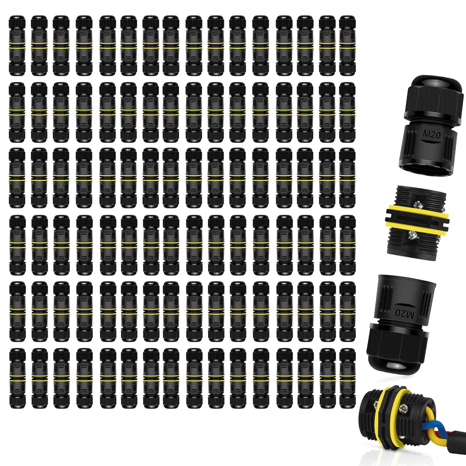 Waterproof Electrical Cable Connector,NineLeaf 12PK 3-PIN M20 Extension Electrical Cable Protector for Cable Diameter Ø5-12mm,Outdoor Power Cable Connector Joint for Garden,Water Pond Lights, Black