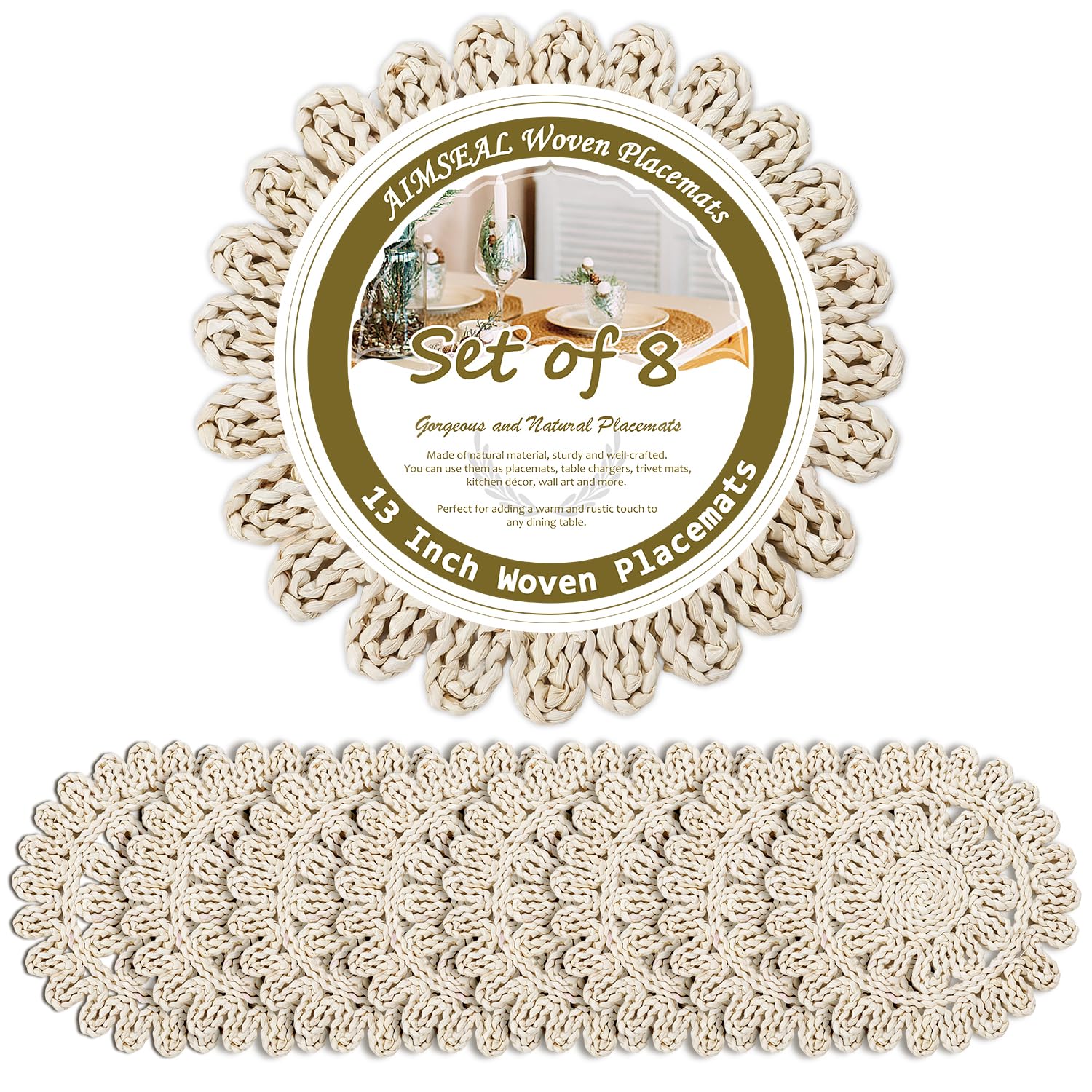 Photo 1 of AIMSEAL 8-pc Round Woven Placemats Set, 13" Corn Husk
