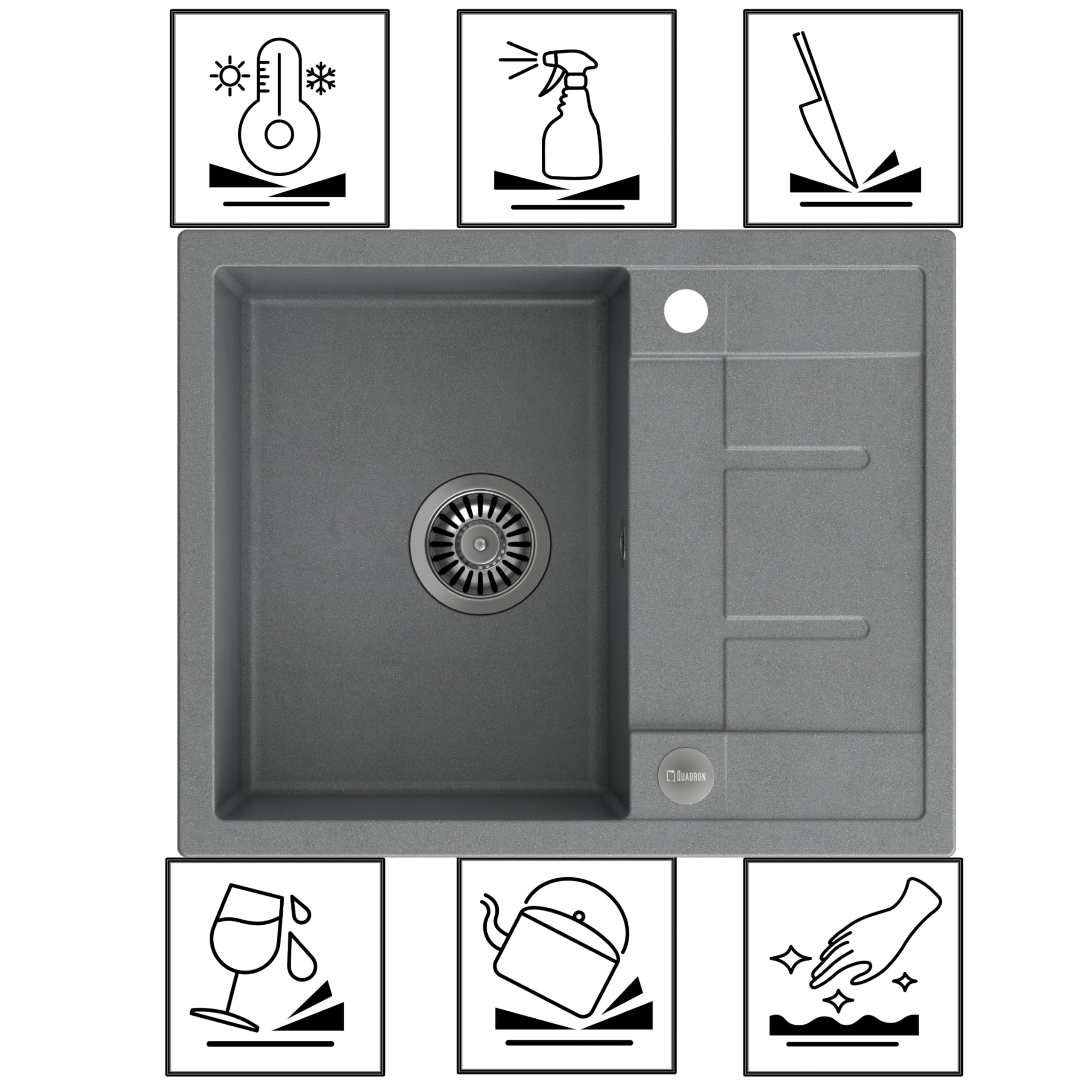 QUADRON fregadero de cocina negro fregadero de granito | tamaño 62 x 50 x 22 cm, color: negro y acero | MORGAN 116 fregadero de un seno con escurridor | fregadero empotrado con orificio para grifo