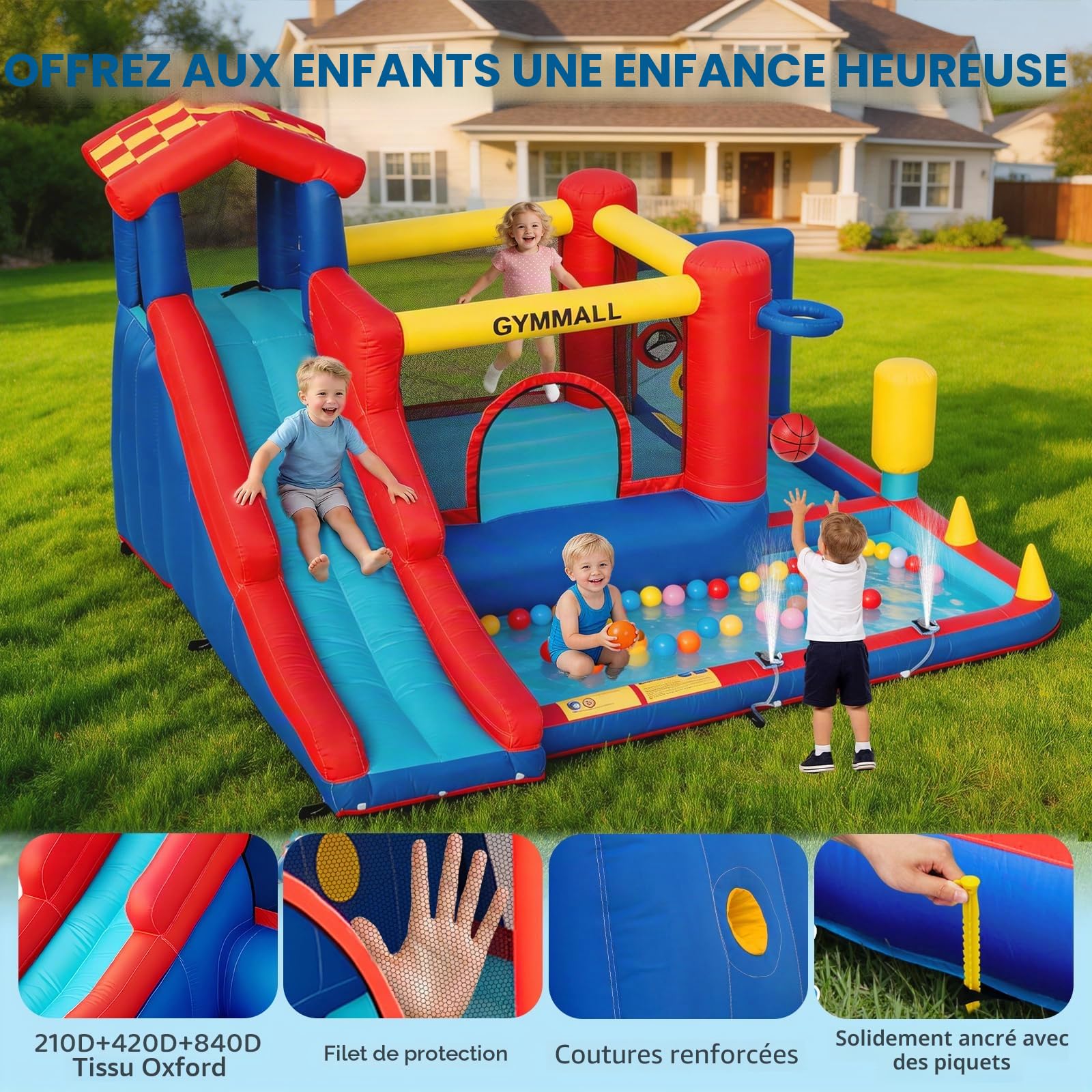 Château Gonflable pour Enfants – Équipement de Jeu Multifonction 8 en 1 avec Toboggan, Mur d’Escalade, Trampoline et Ventilateur 370W, conçu pour Intérieur et Extérieur