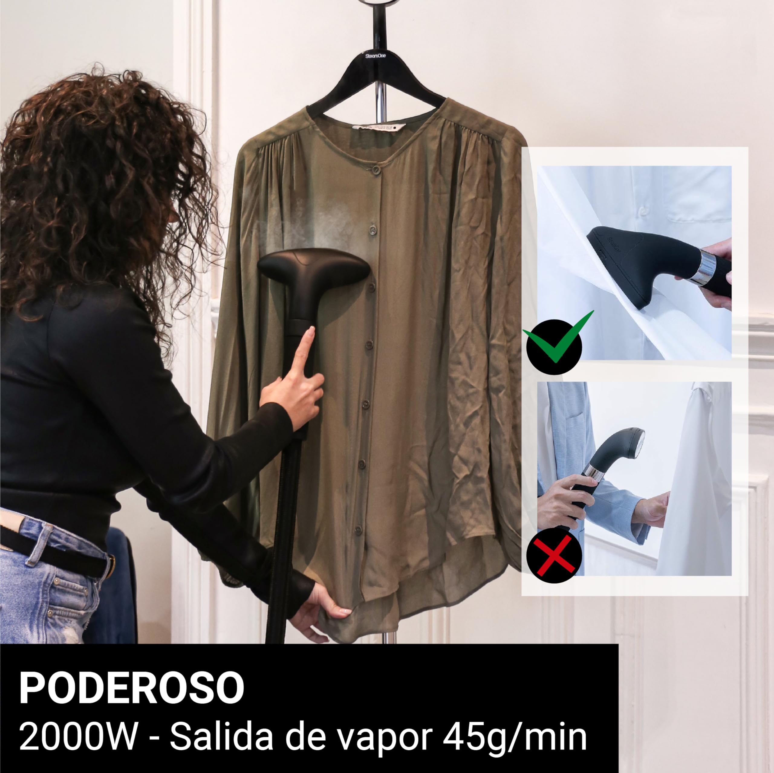 STEAMONE - Plancha de vapor vertical 2000W 45g/min - Autonomía 80min (1,2L) - Cable de 2m - Elimina el 99,99% de las impurezas - Lista en 45s - Intuitivo, compacto, de alto rendimiento - EUES200B