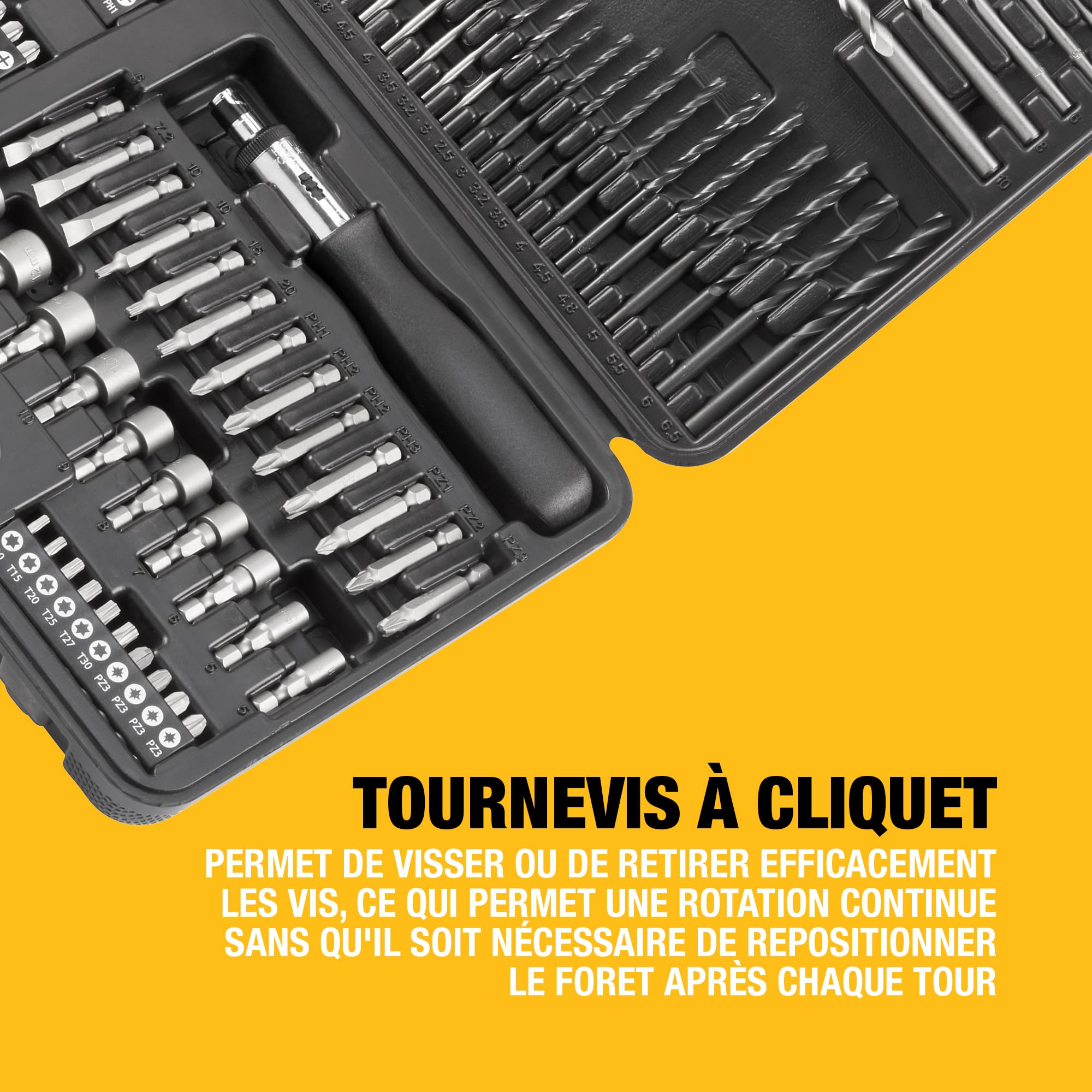 DEWALT Coffret de 109 Accessoires Percage Vissage.13 Forets HSS, 13 Mèches à bois, 5 Mèches Béton,50 Embouts de vissage 25mm, 13 Embouts 50mm, 10 Douilles, 2 Extracteurs de vis,1 Fraise, DT0109-QZ