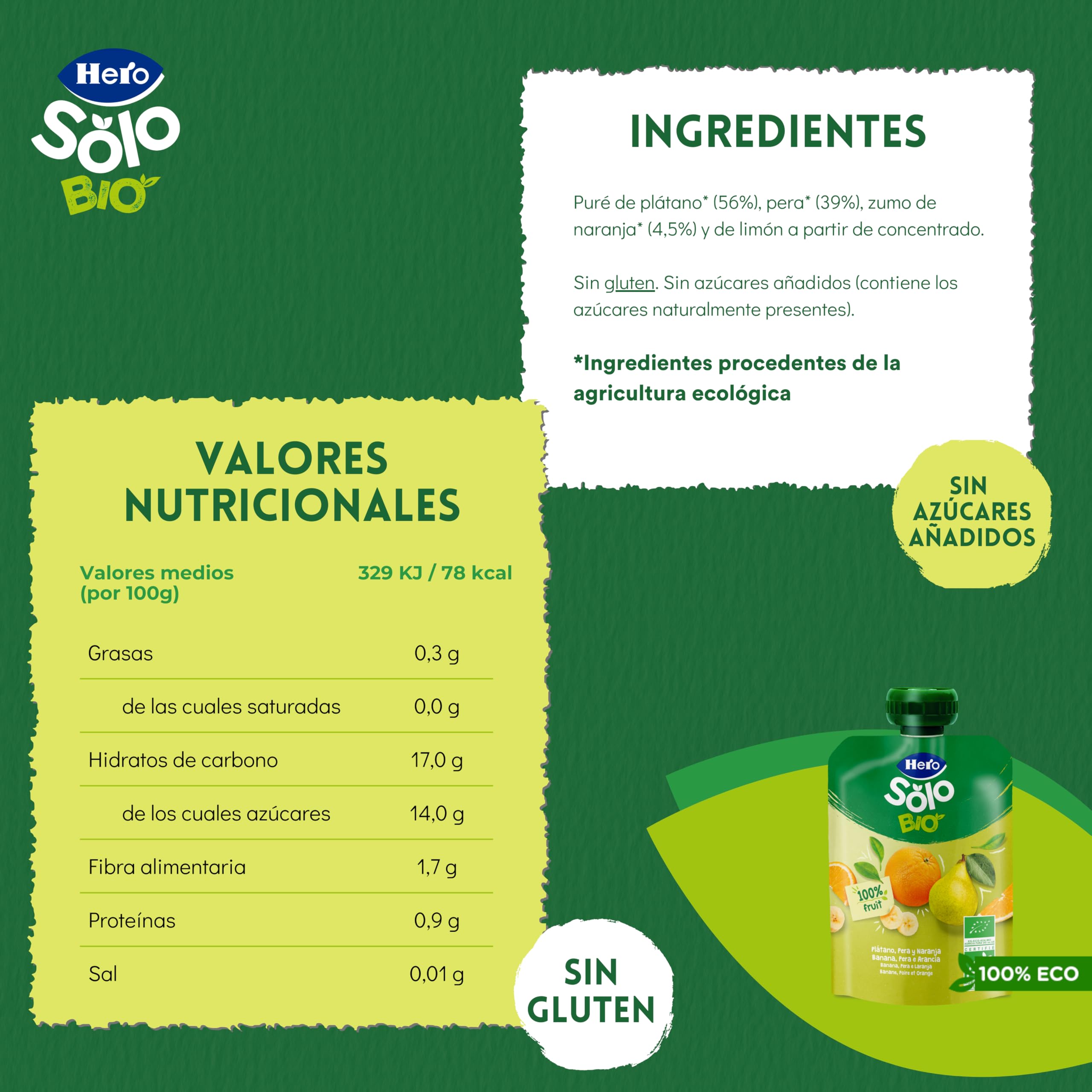 Alimento infantil con puré de pera, plátano y naranja 100% ecológica Hero bolsa 100 g