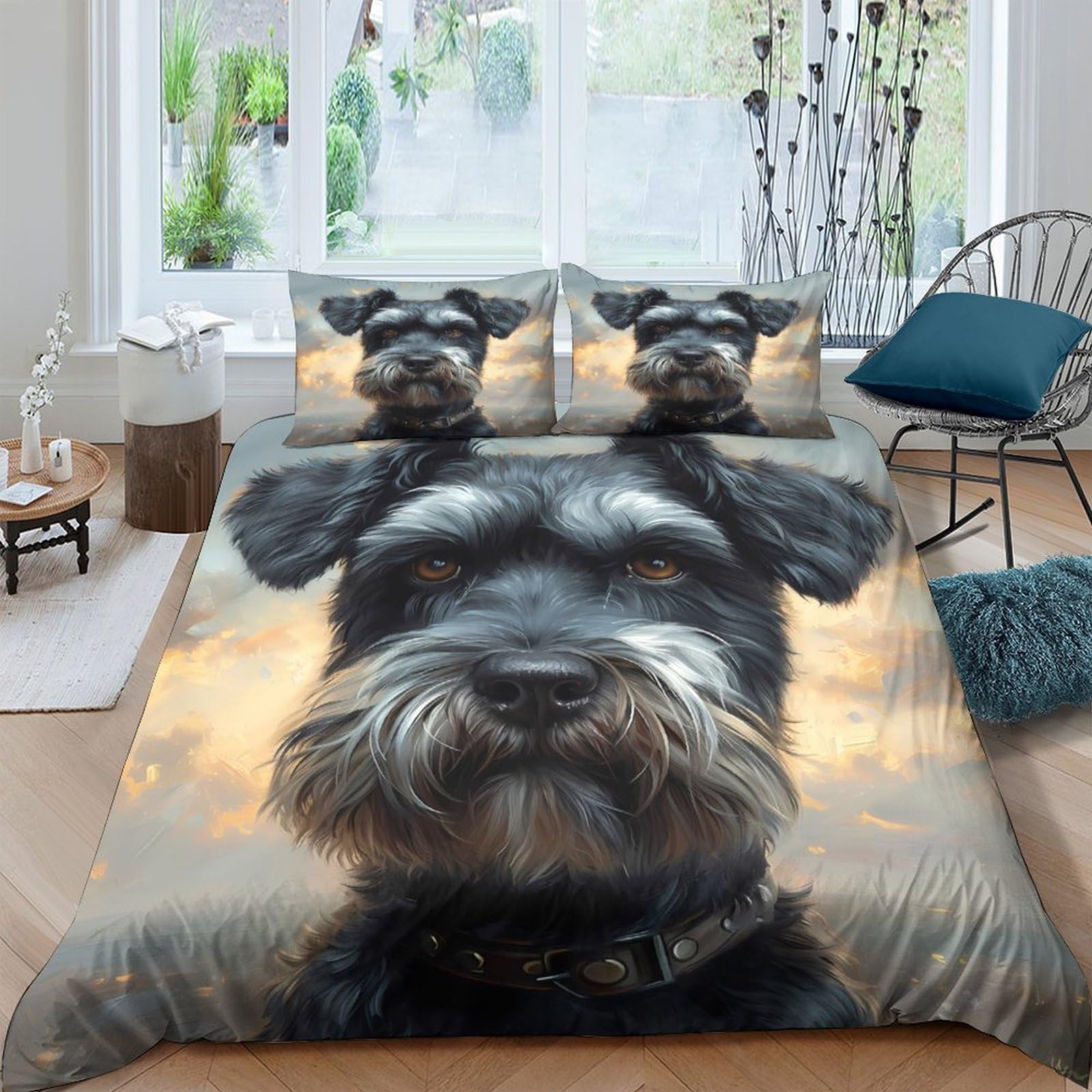 Ctjqhvkz Style-9 3D Printed Schnauzer Dog Fitted Sheet Microfiber Soft Breathable Pet Portrait Bed Cover For Bedroom Guest Room Decor Single（135X200cm）