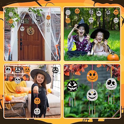 Miniatura 6 de Fennoral Paquete de 9 carillones de viento de Halloween para niños, hazte dueño de campanillas de viento de Halloween, adornos colgantes de madera